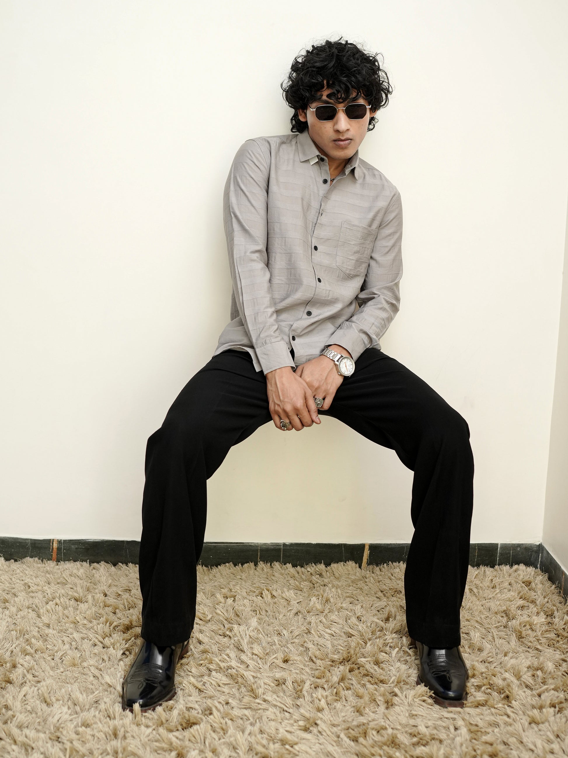 Textured Solid Khaki Shirt for Men