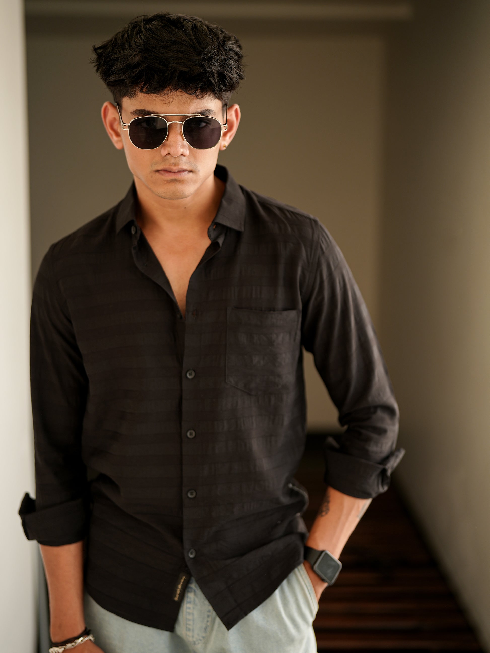 Textured Black Solid Shirt for Men