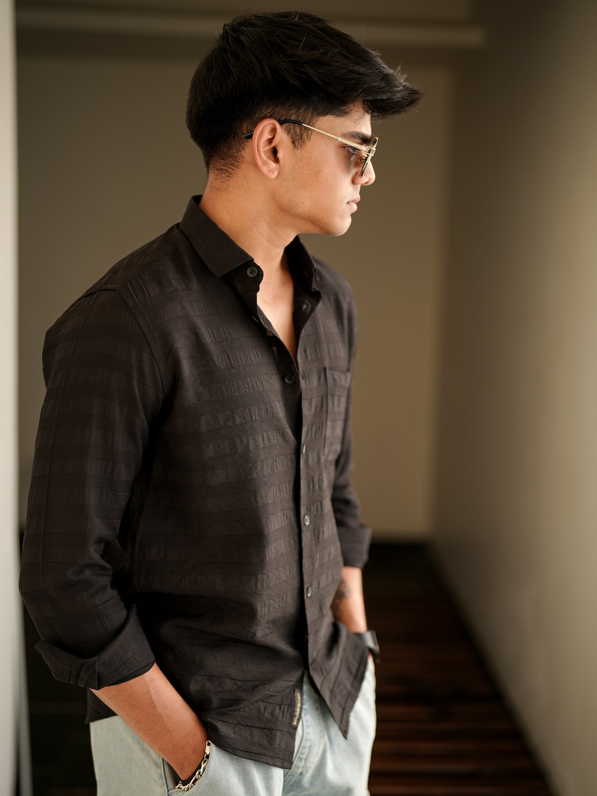 Textured Black Solid Shirt for Men