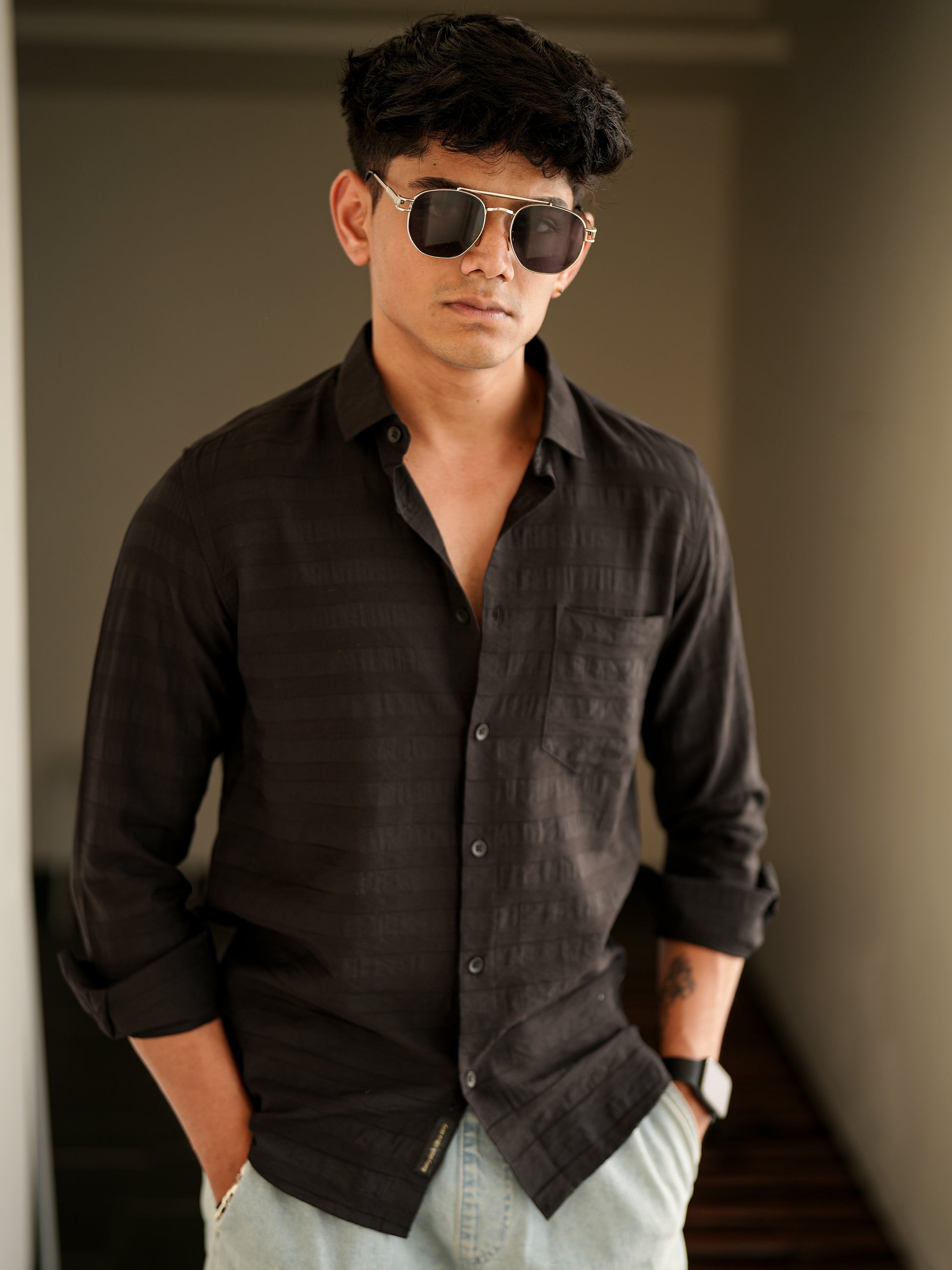 Textured Black Solid Shirt for Men