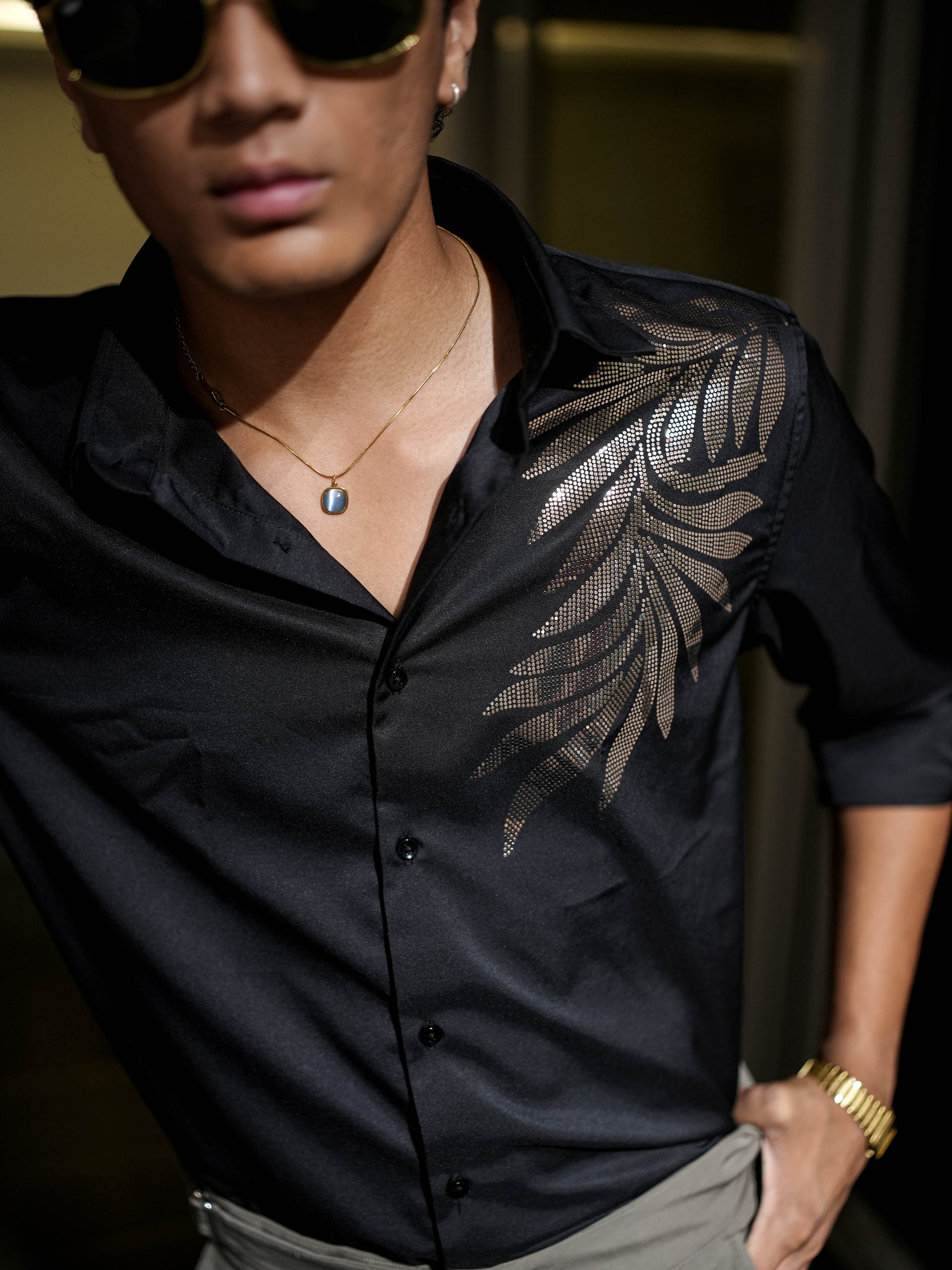 Black Printed Solid Shirt for Men