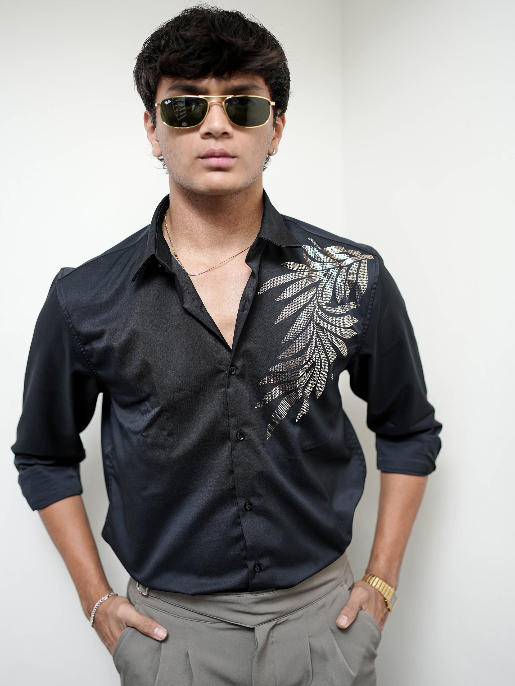 Black Printed Solid Shirt for Men
