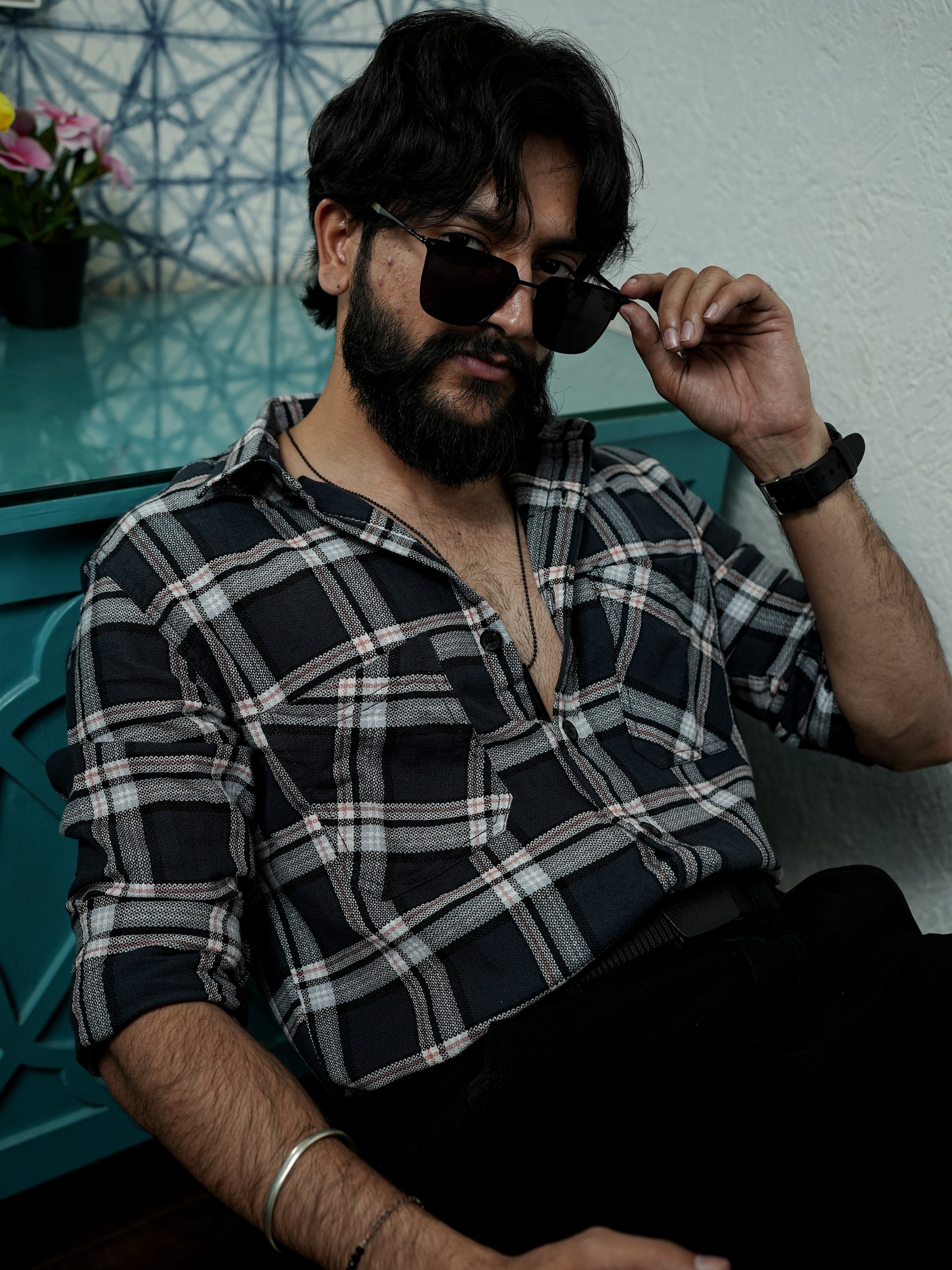 Dark Black and White Check Shirt for Men