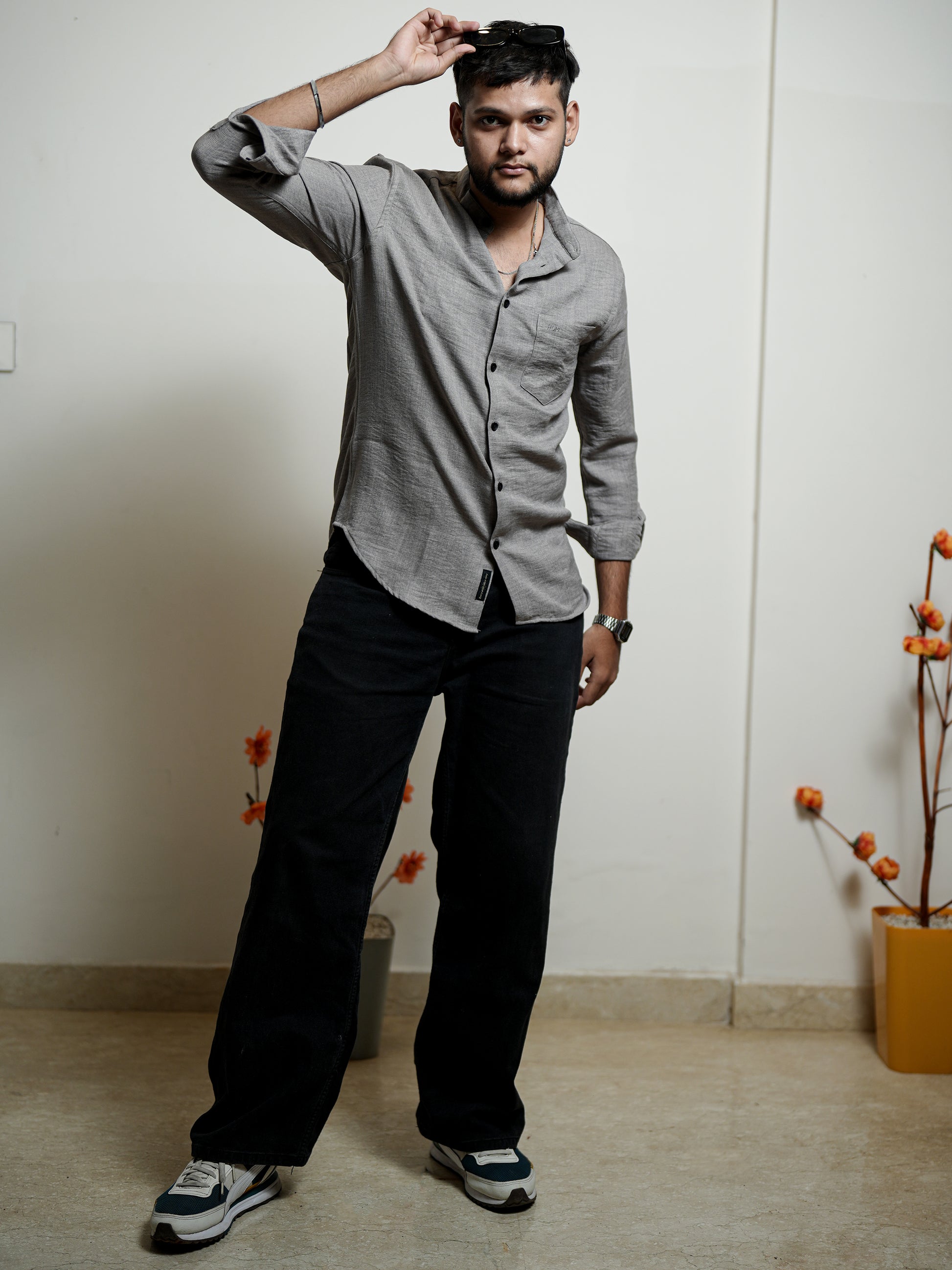 Solid Stone Texture Grey Shirt for Men
