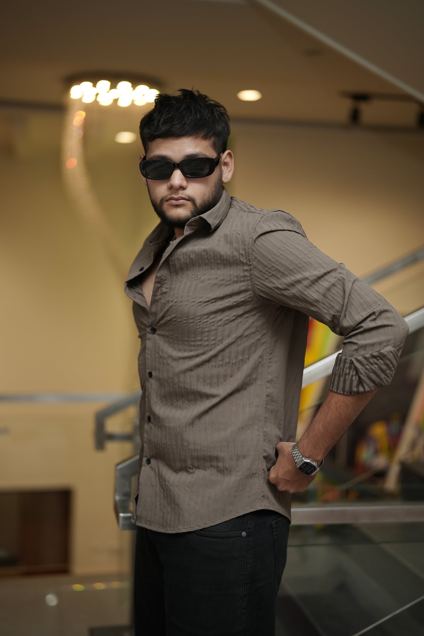 Dubai Light Brown Textured Solid Shirt