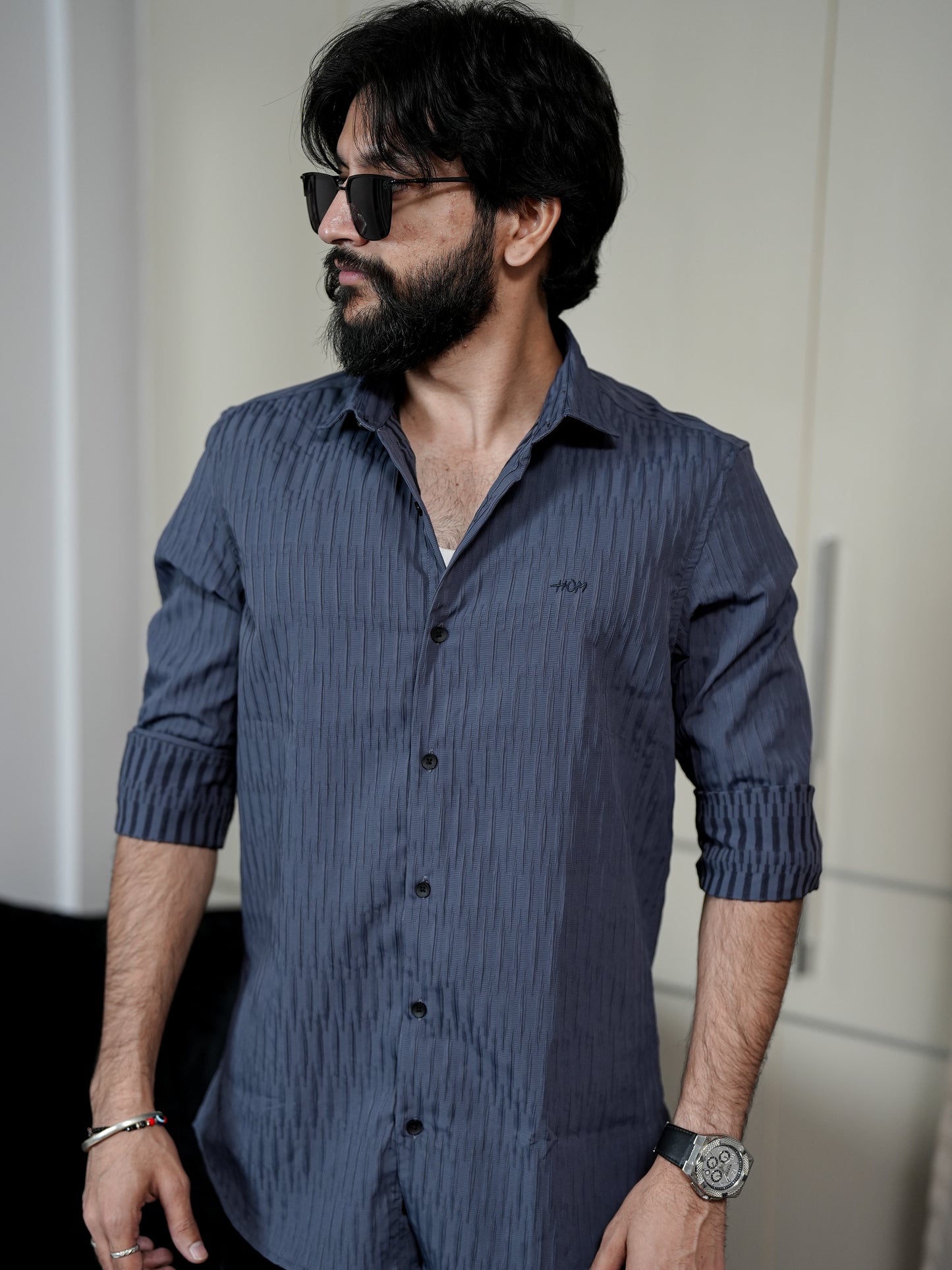 Grey Solid Textured Shirt for Men