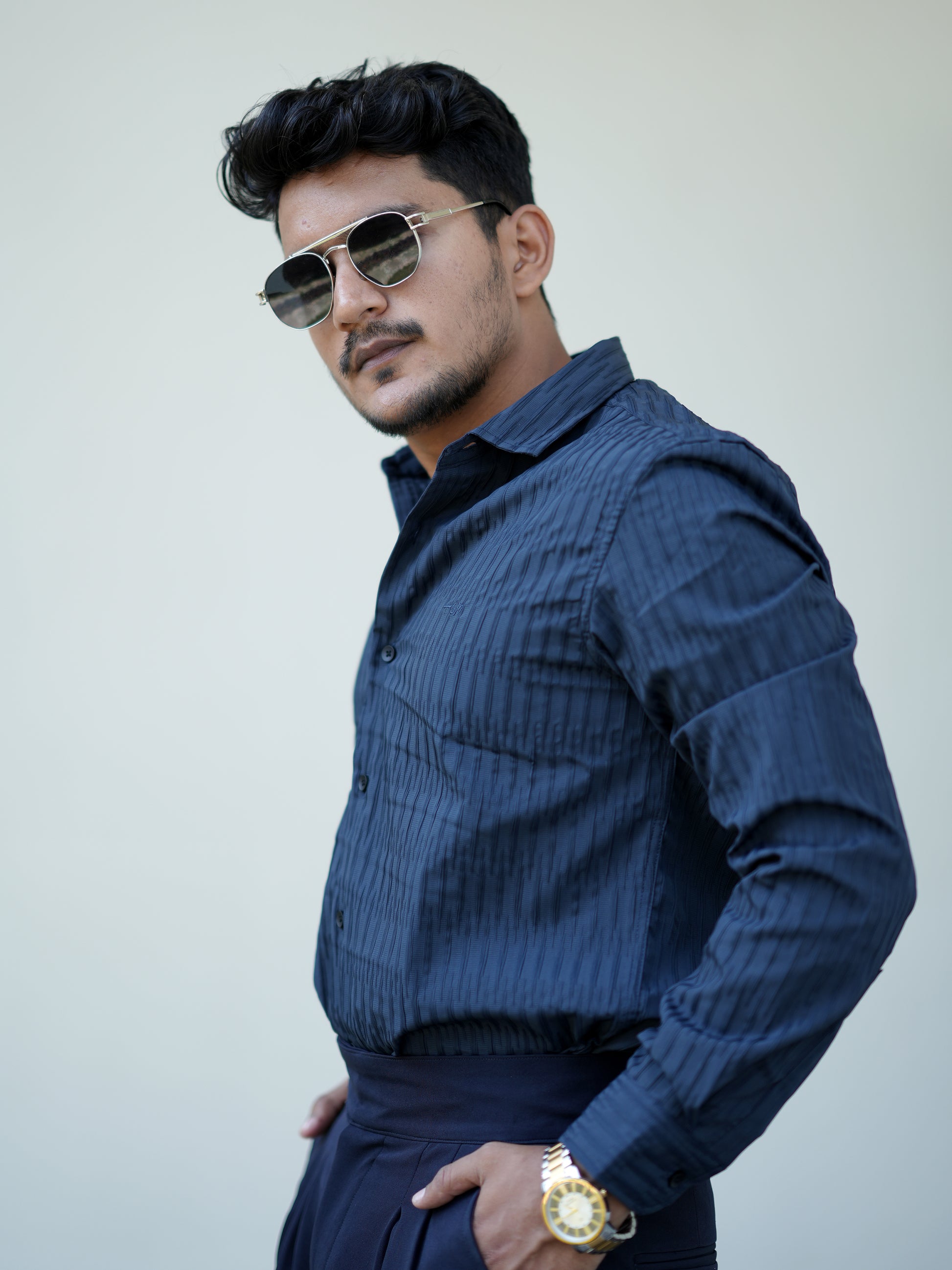 Dubai Textured Blue Solid Shirt for Men