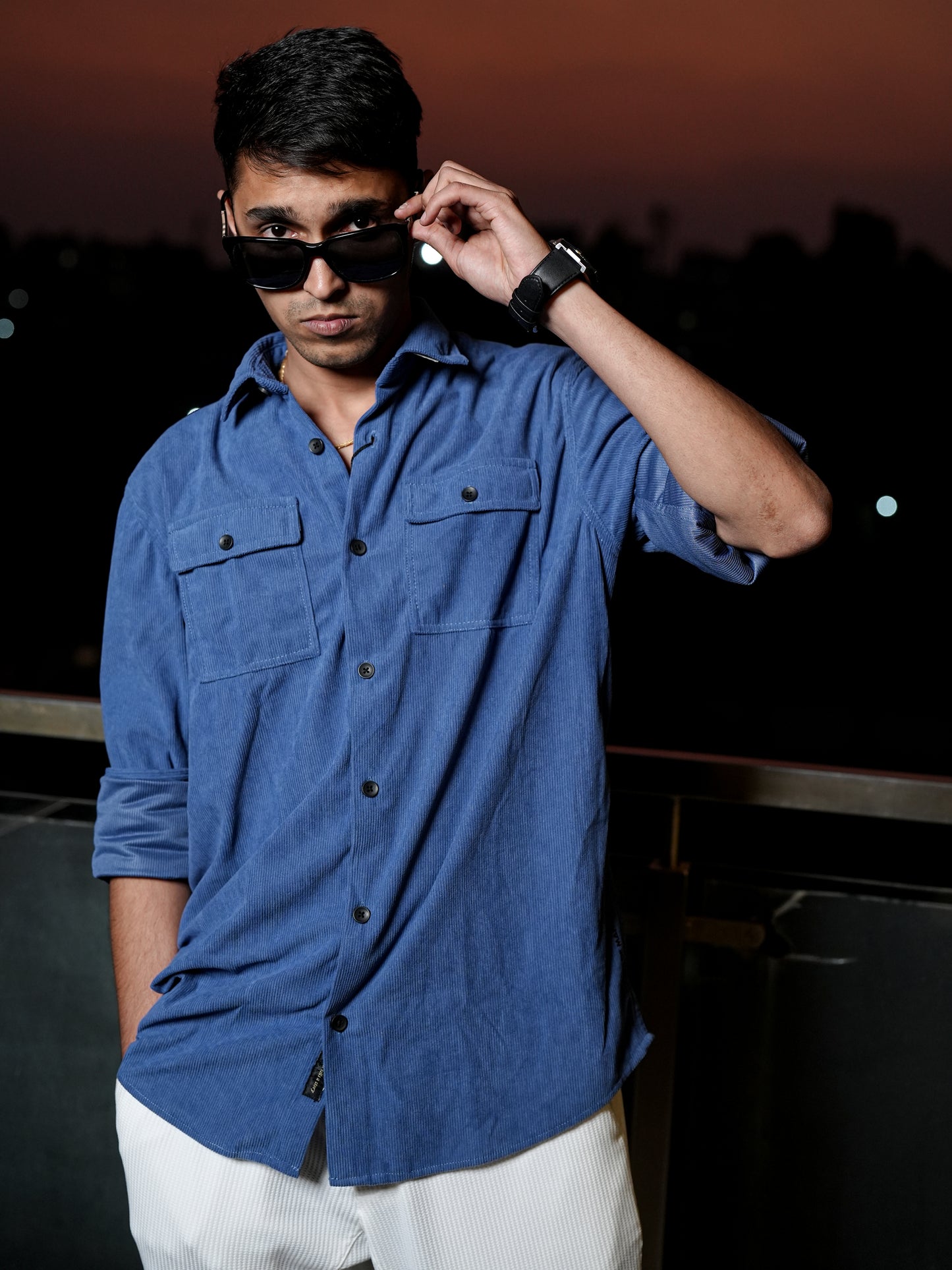 Blue Corduroy Double Pocket Shirt for Men