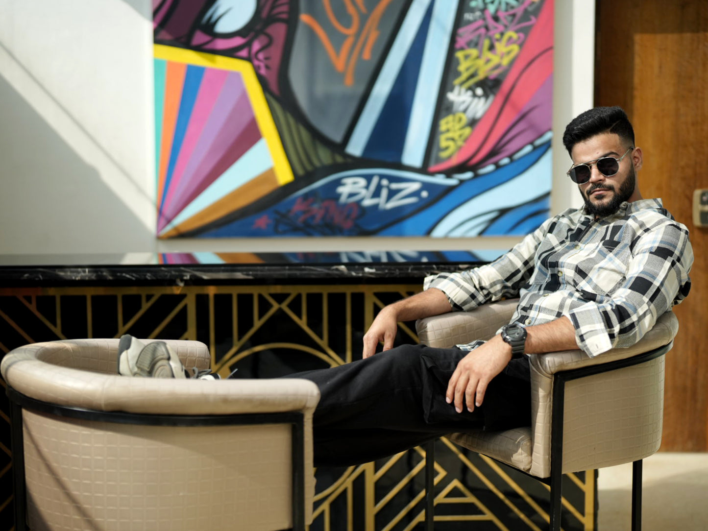 Beige and black Check Shirt for Men