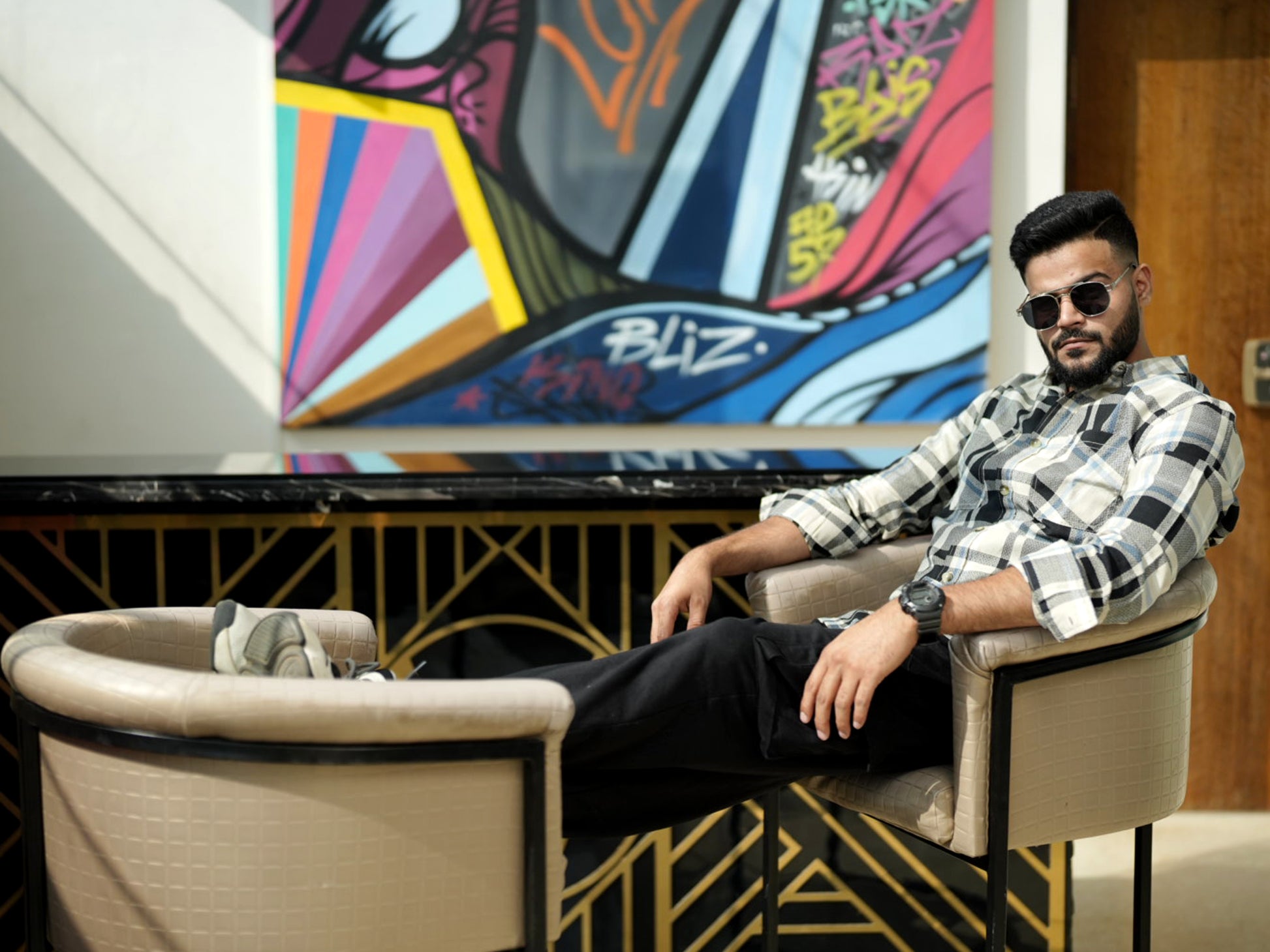 Beige and black Check Shirt for Men