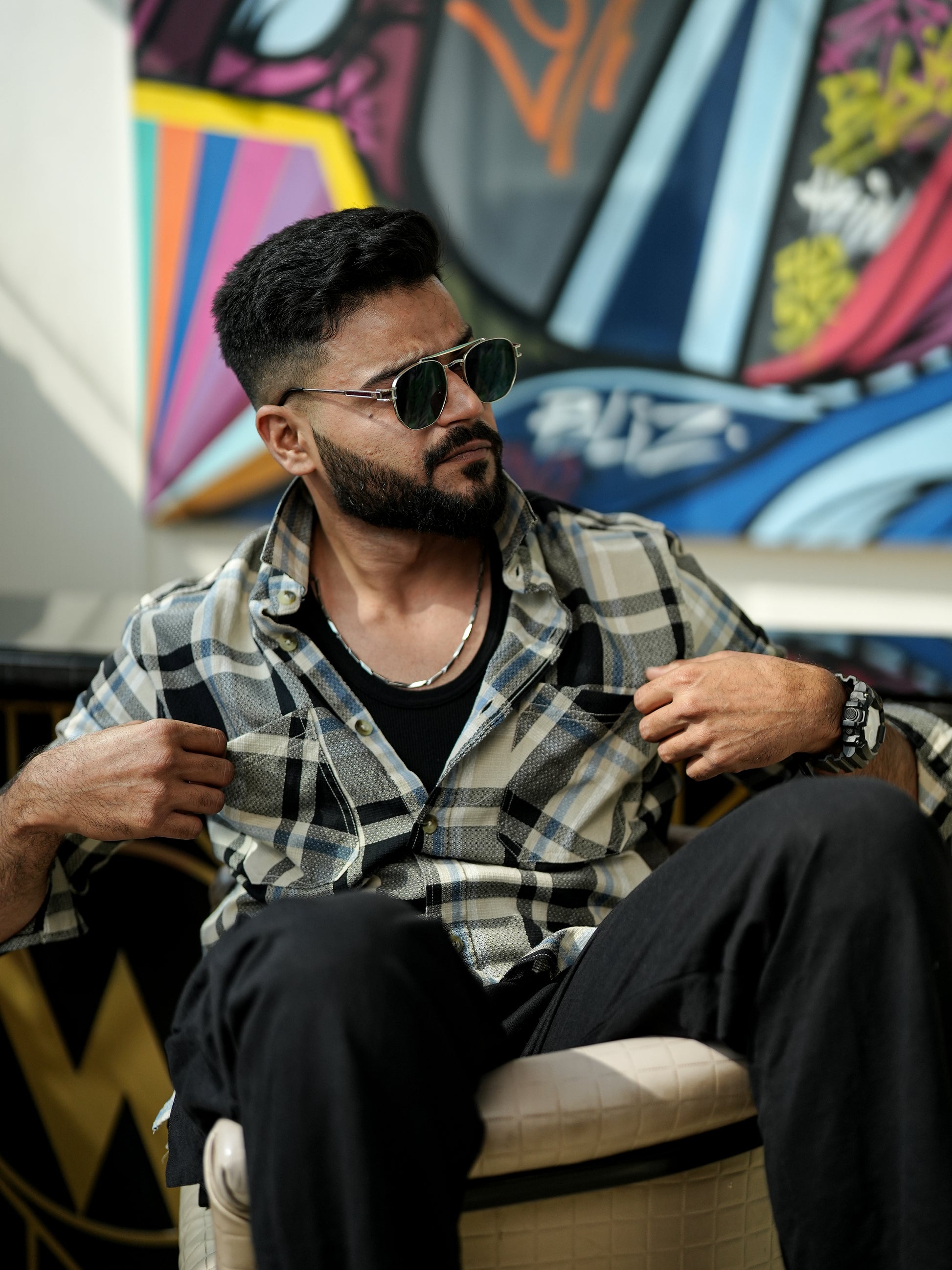 Beige and black Check Shirt for Men