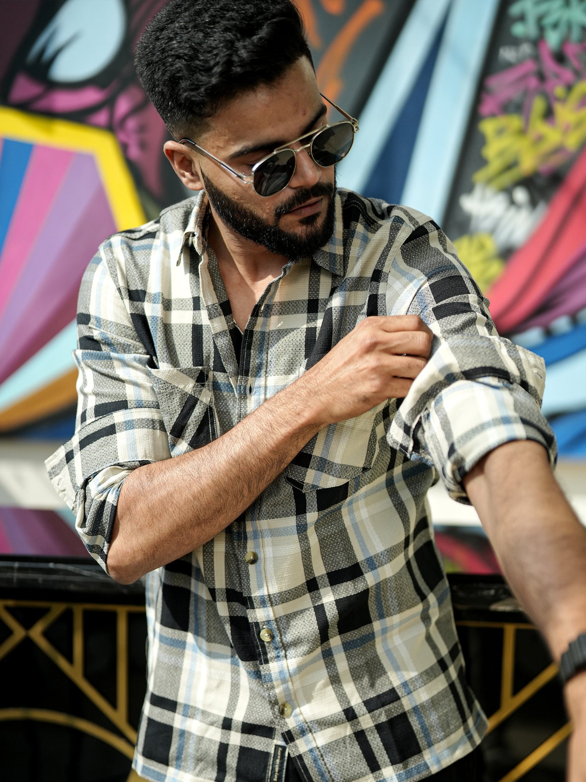 Beige and black Check Shirt for Men