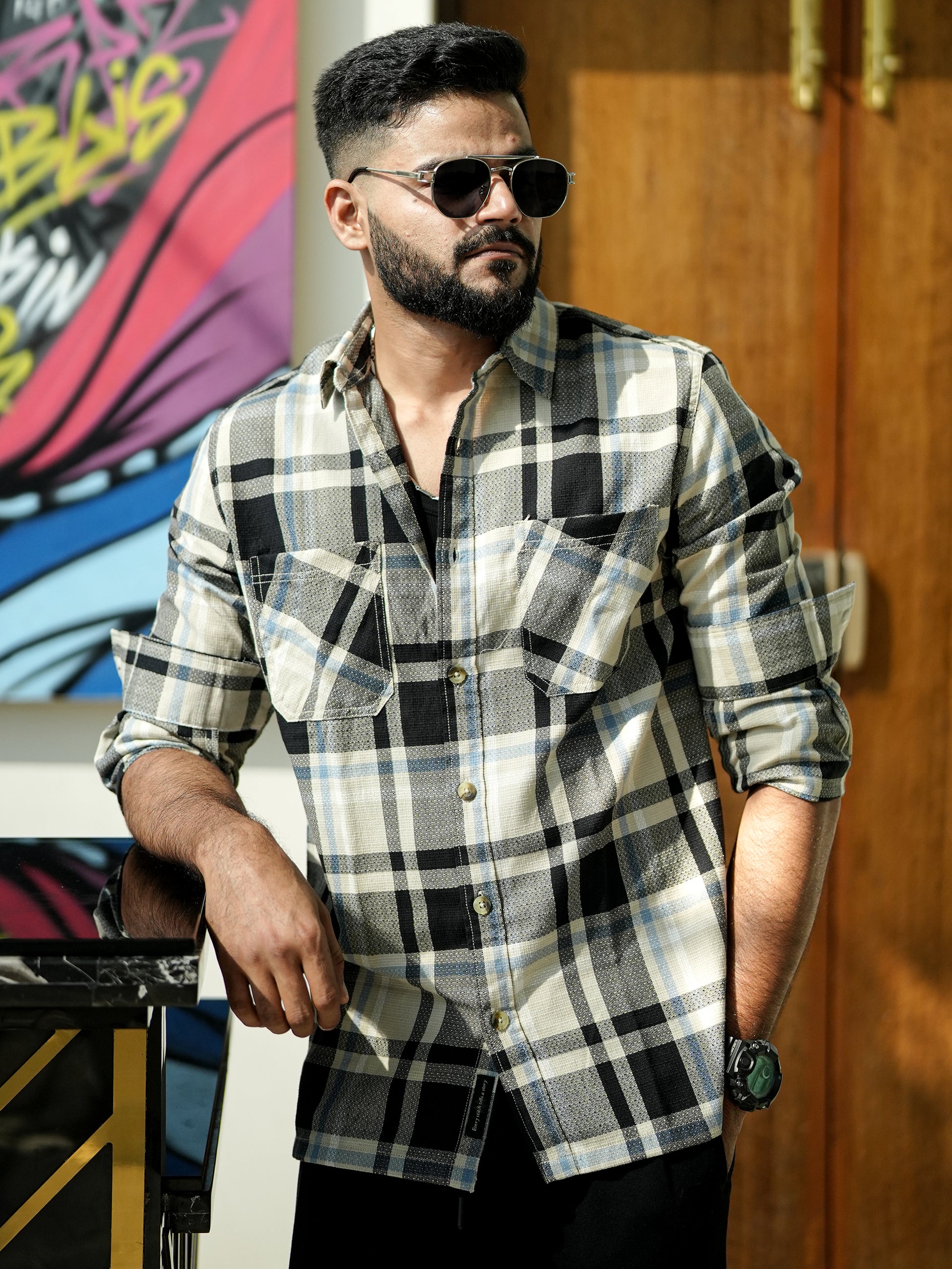 Beige and black Check Shirt for Men