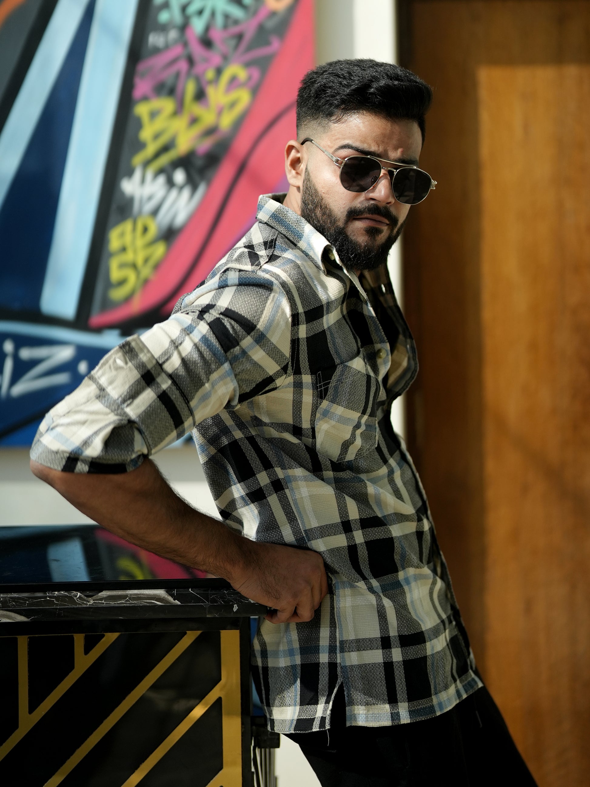 Beige and black Check Shirt for Men