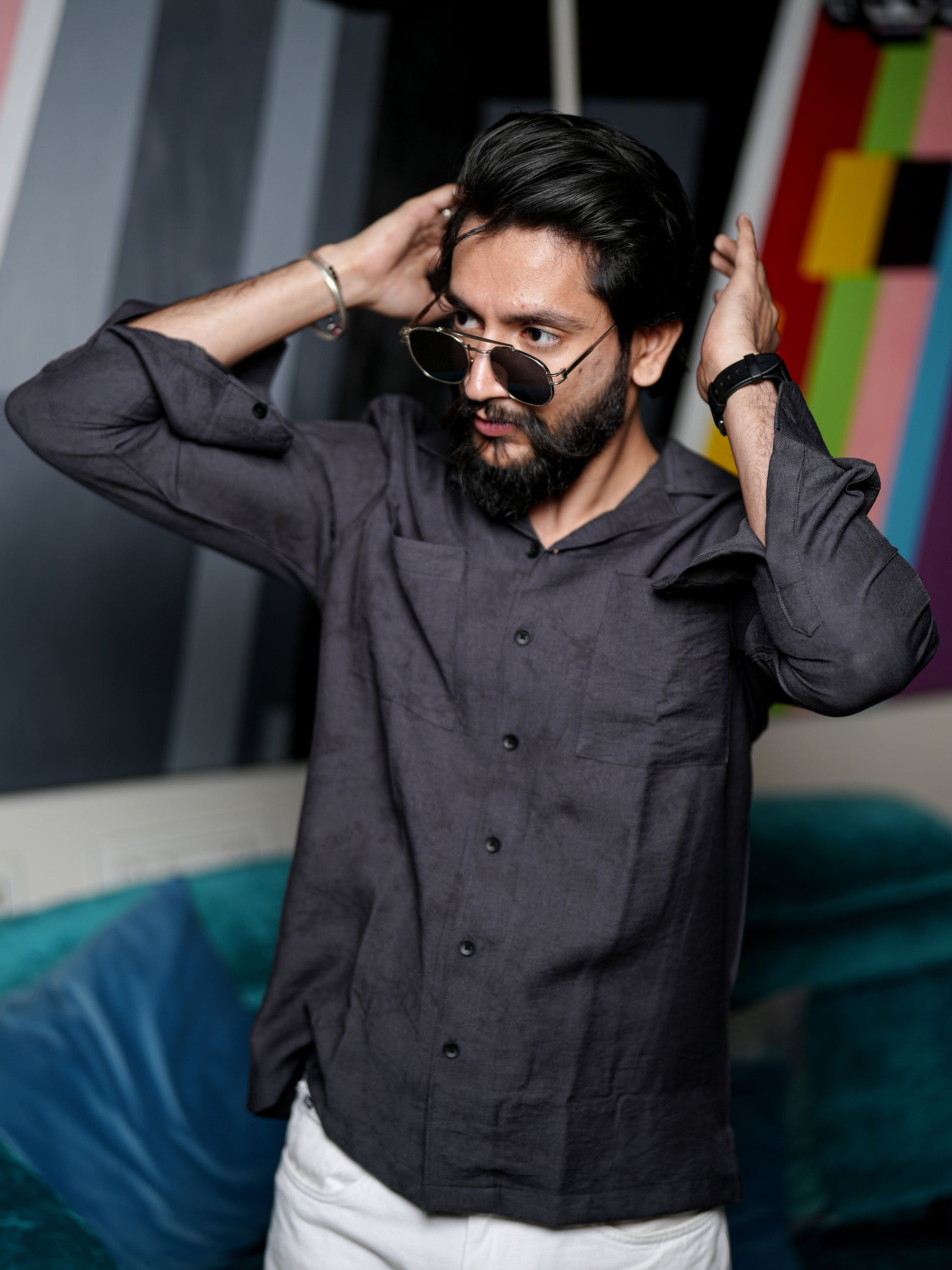 Dark Gray Textured Solid Shirt for Men