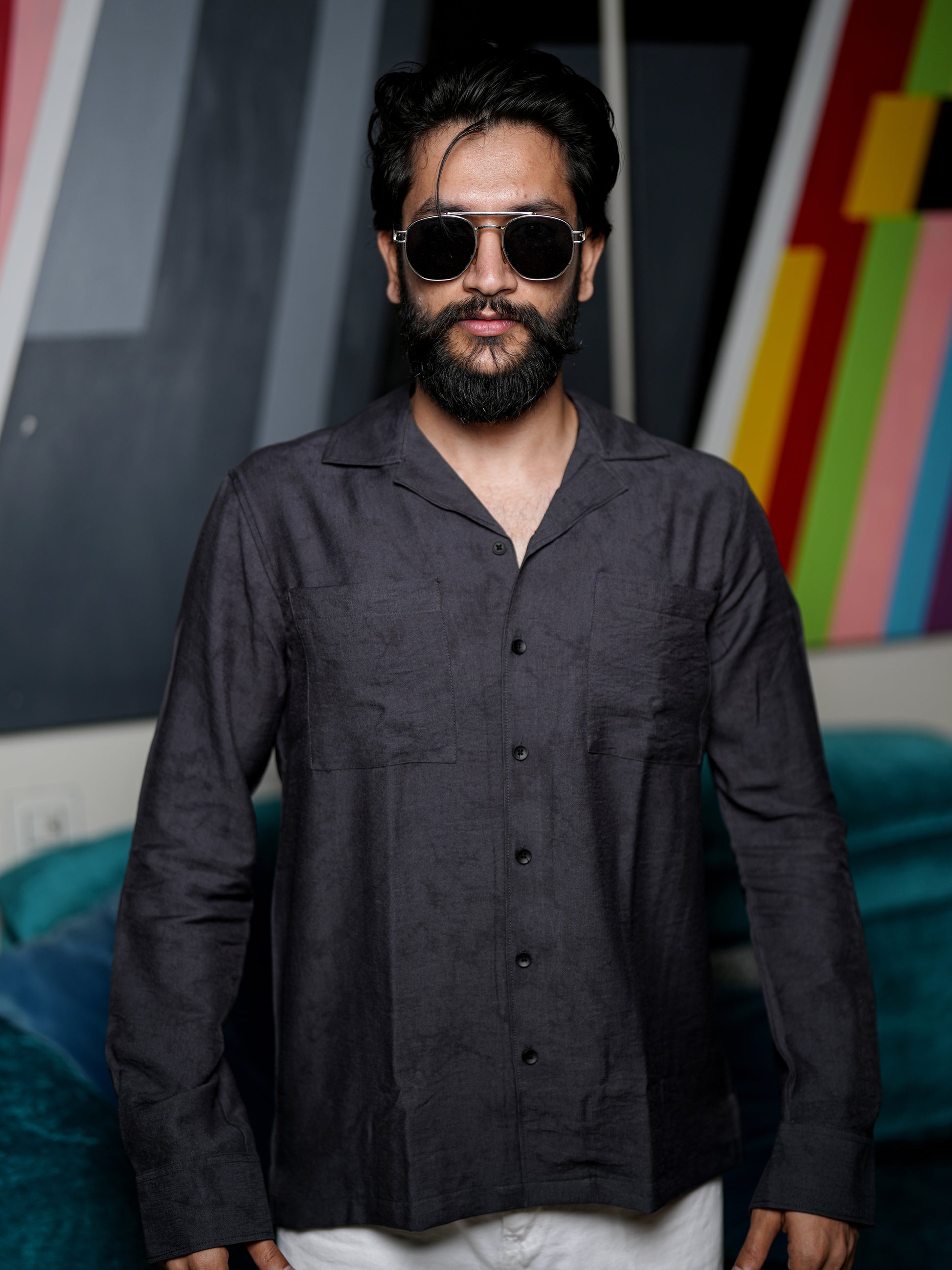 Dark Gray Textured Solid Shirt for Men
