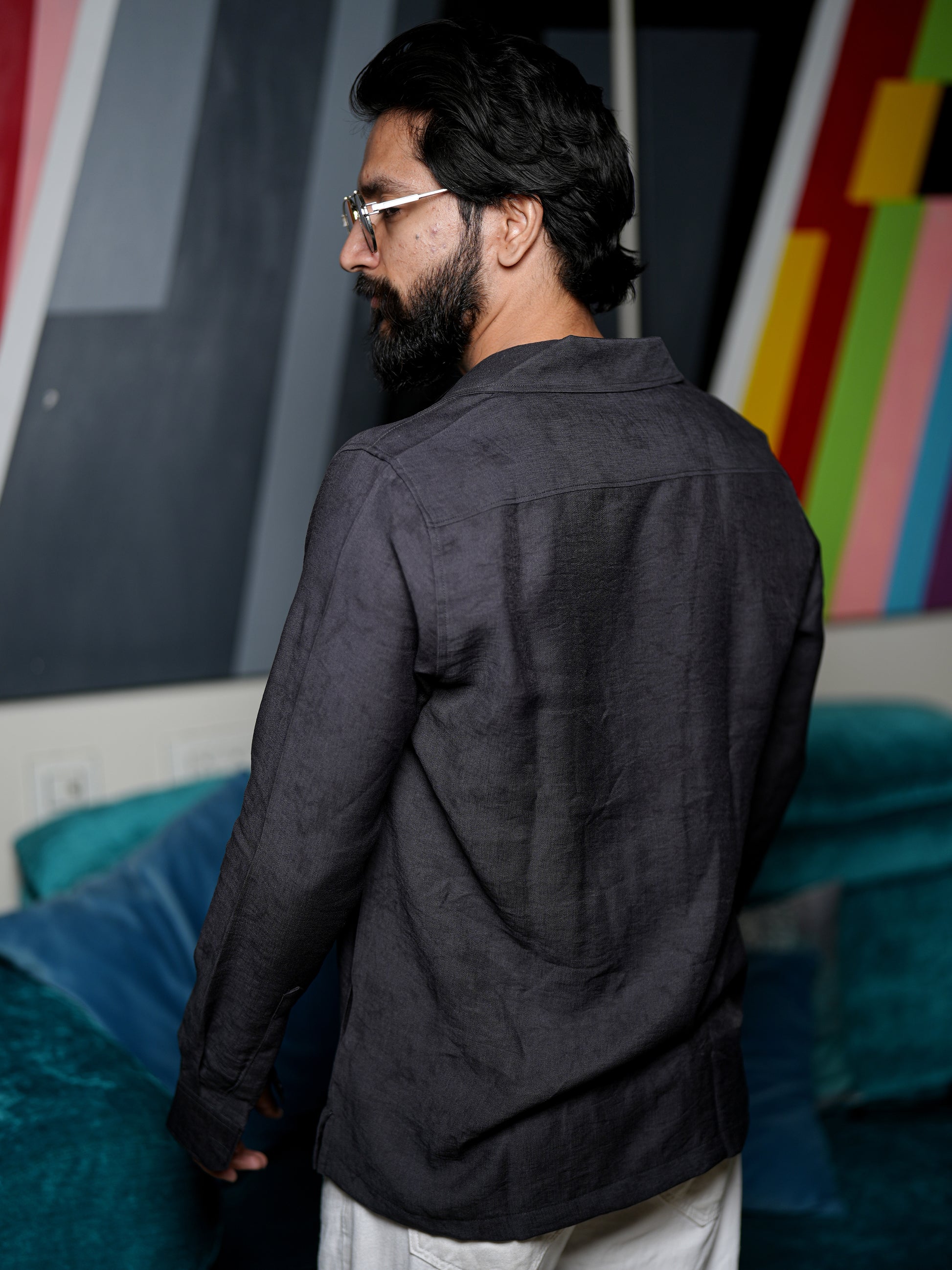 Dark Gray Textured Solid Shirt for Men