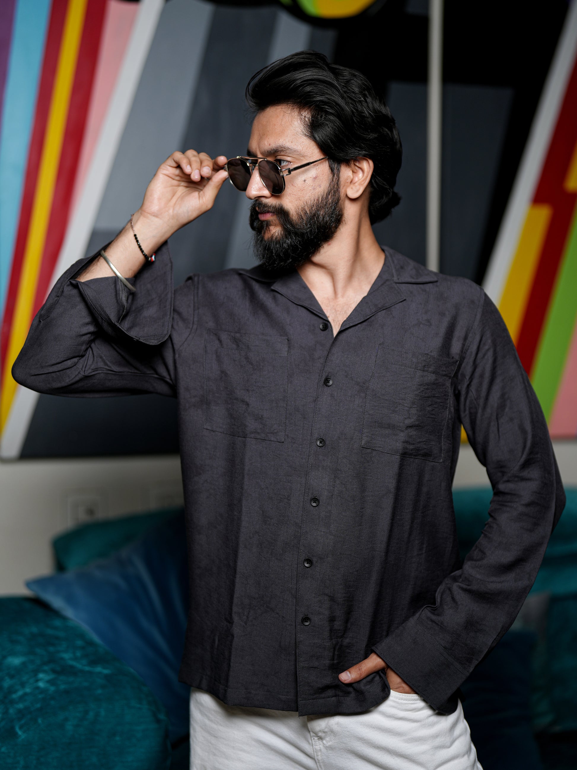 Dark Gray Textured Solid Shirt for Men