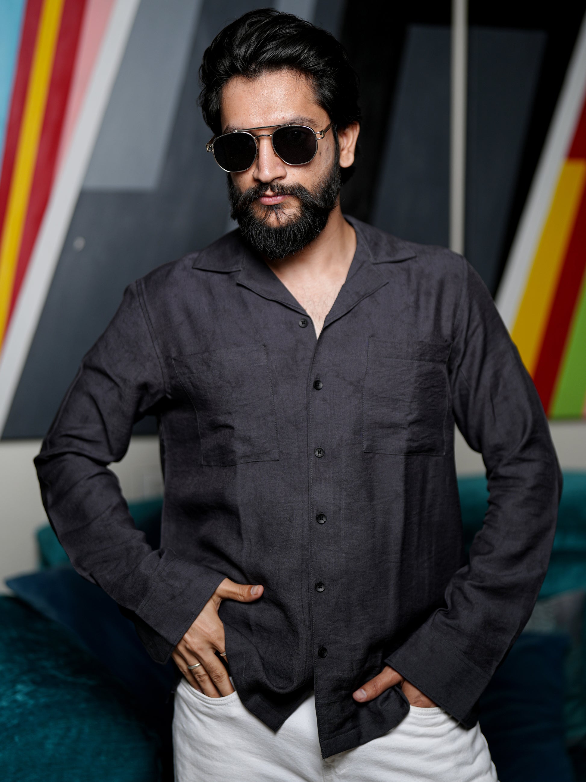 Dark Gray Textured Solid Shirt for Men