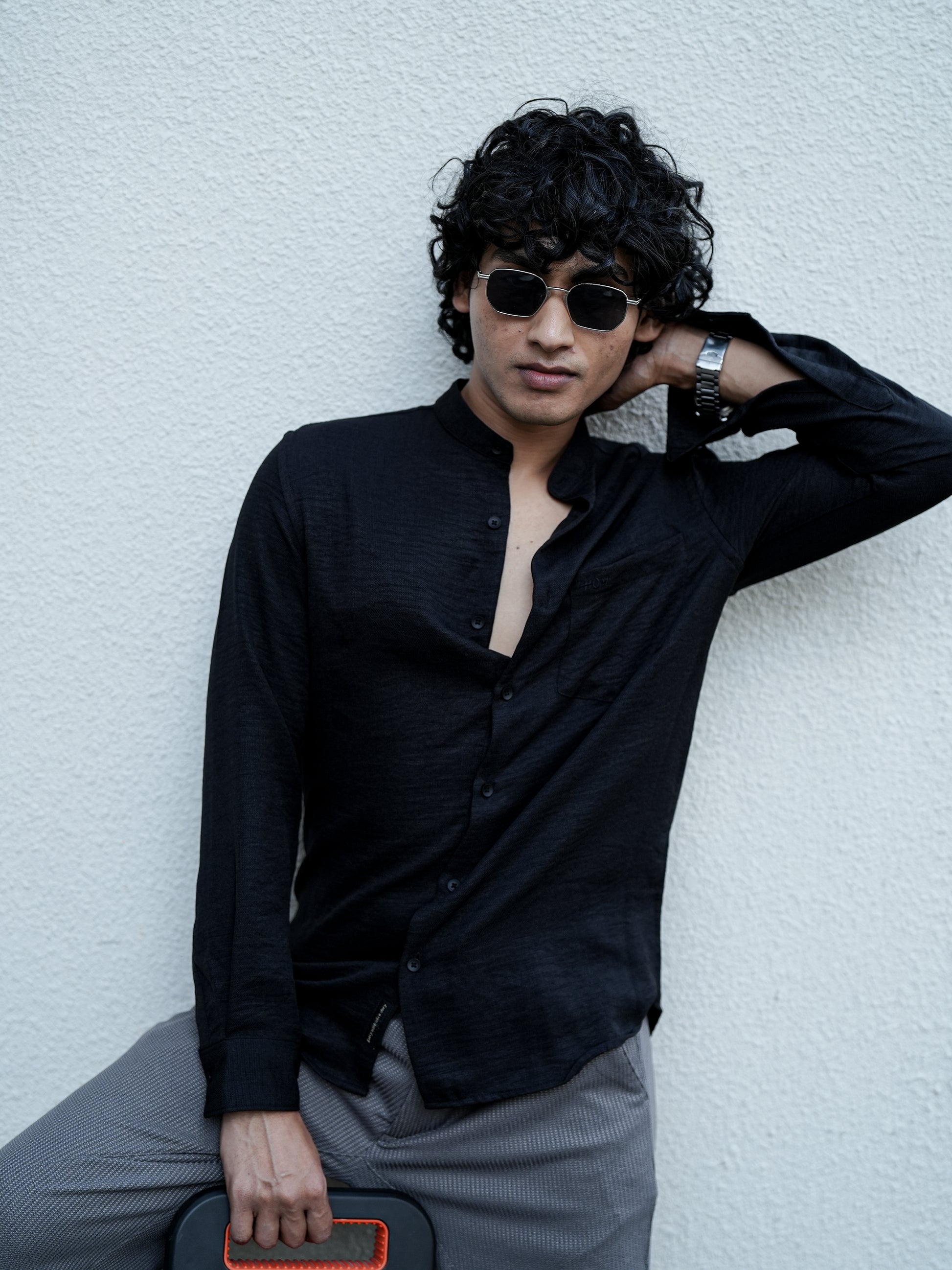 Textured Pattern Black Solid Shirt for Men