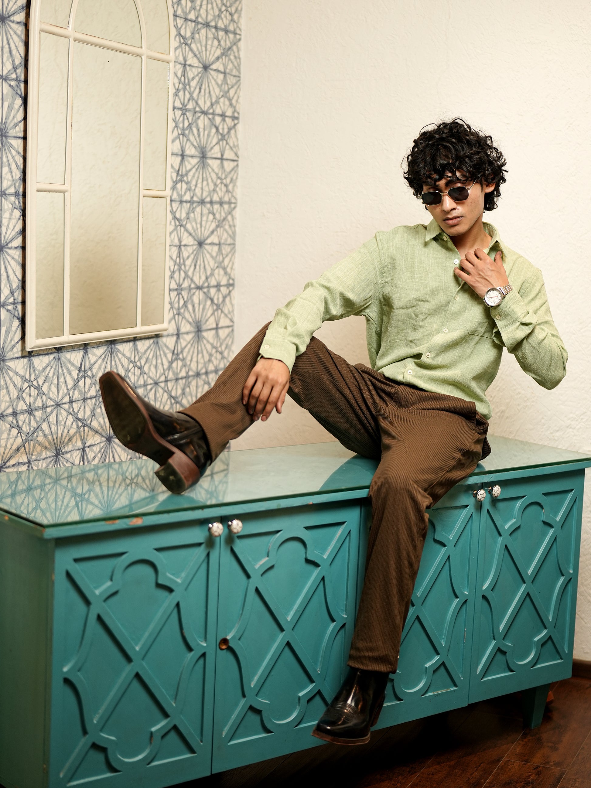 Textured Pistachio Green Shirt for Men