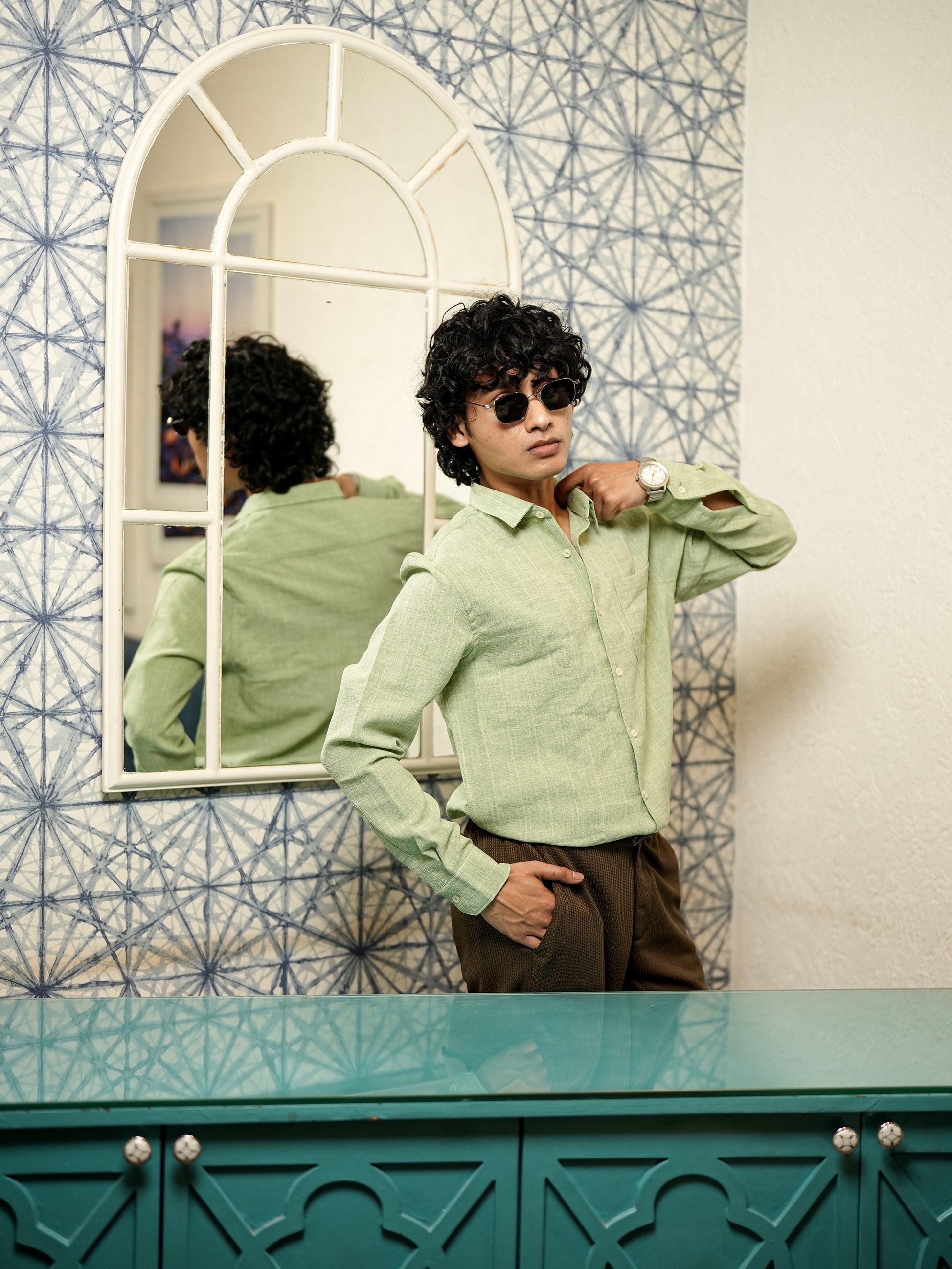 Textured Pistachio Green Shirt for Men