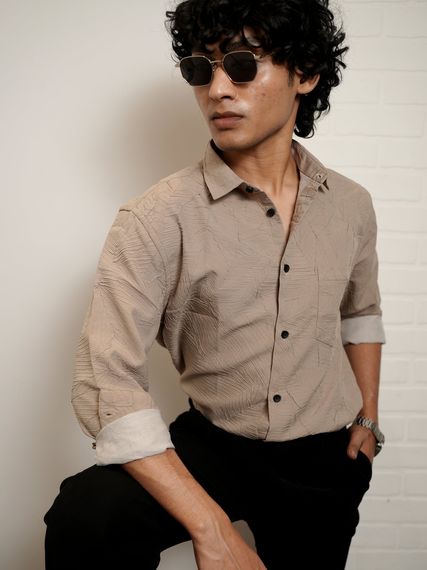 Textured Solid Beige Shirt for Men