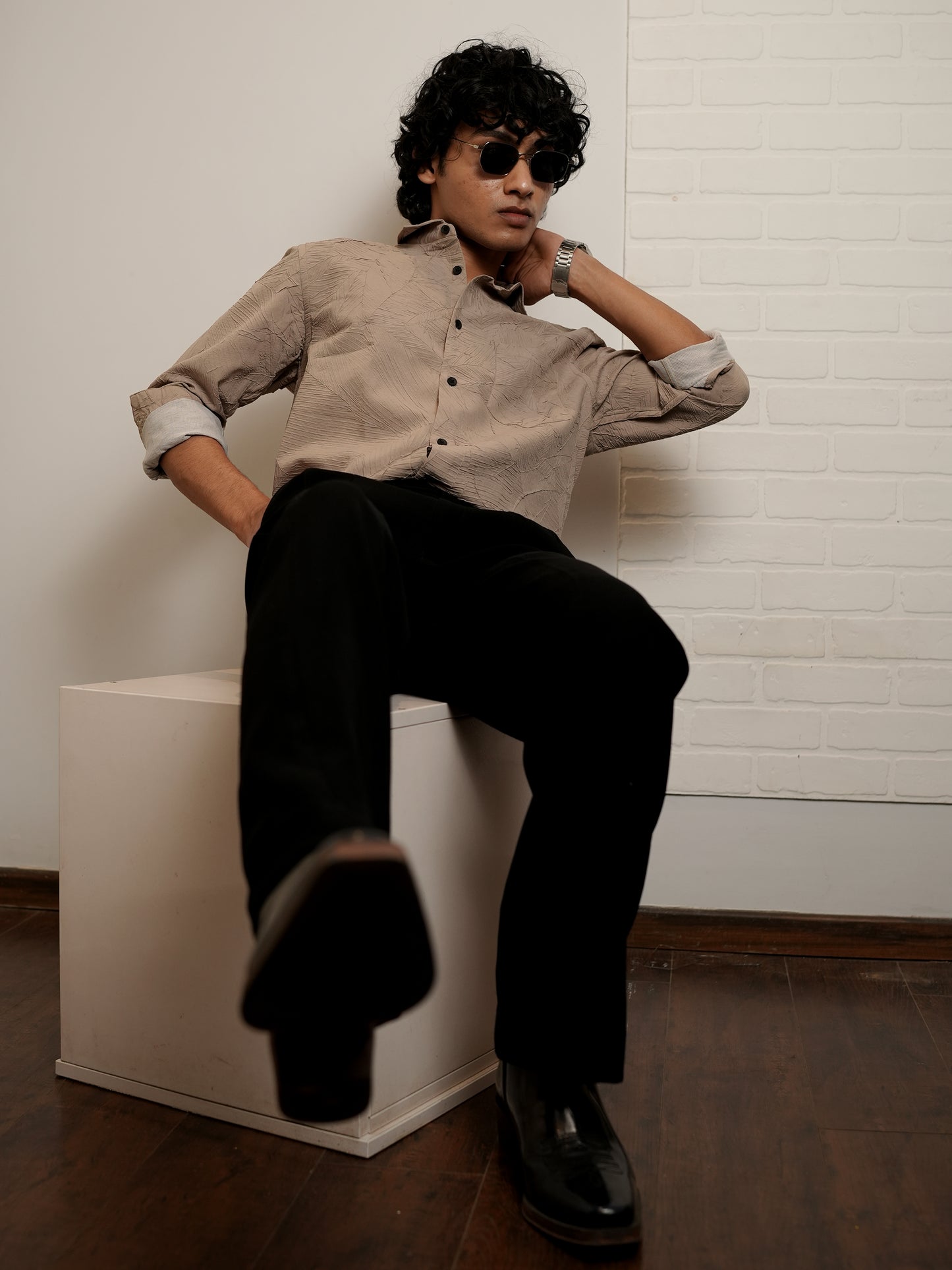 Textured Solid Beige Shirt for Men