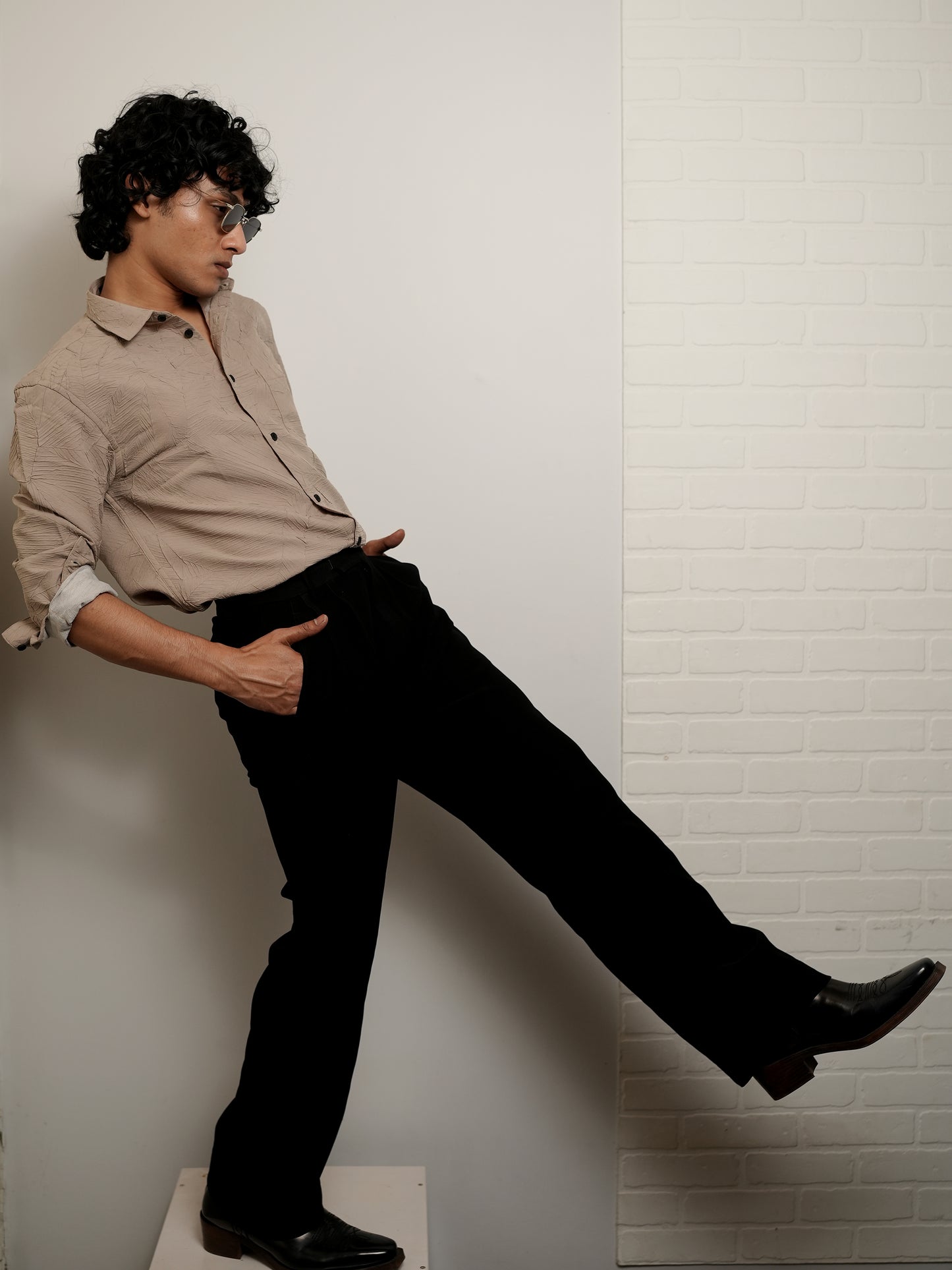 Textured Solid Beige Shirt for Men