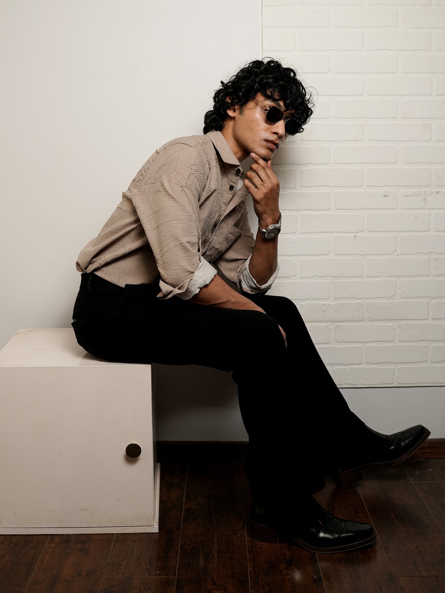 Textured Solid Beige Shirt for Men