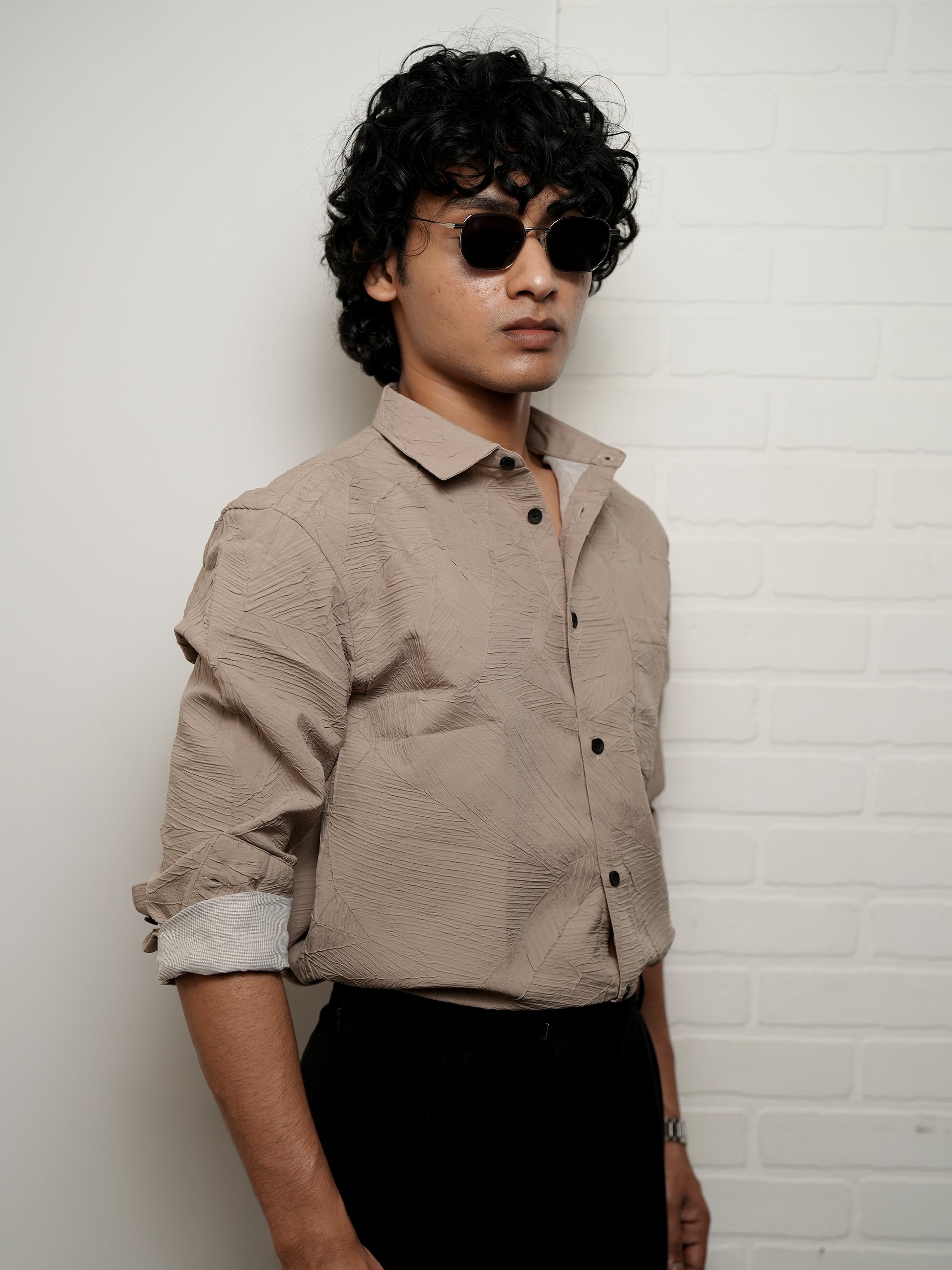 Textured Solid Beige Shirt for Men