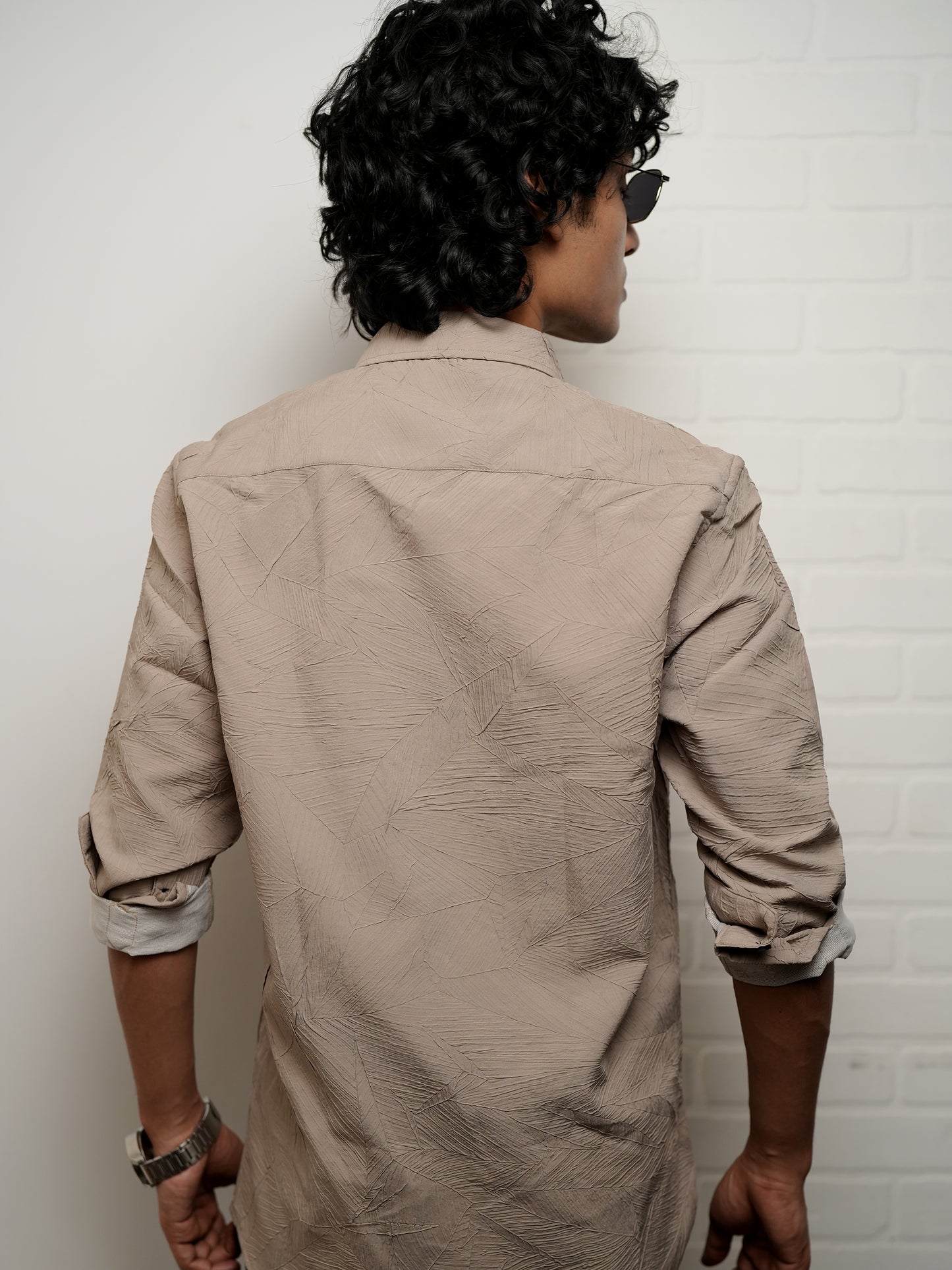 Textured Solid Beige Shirt for Men