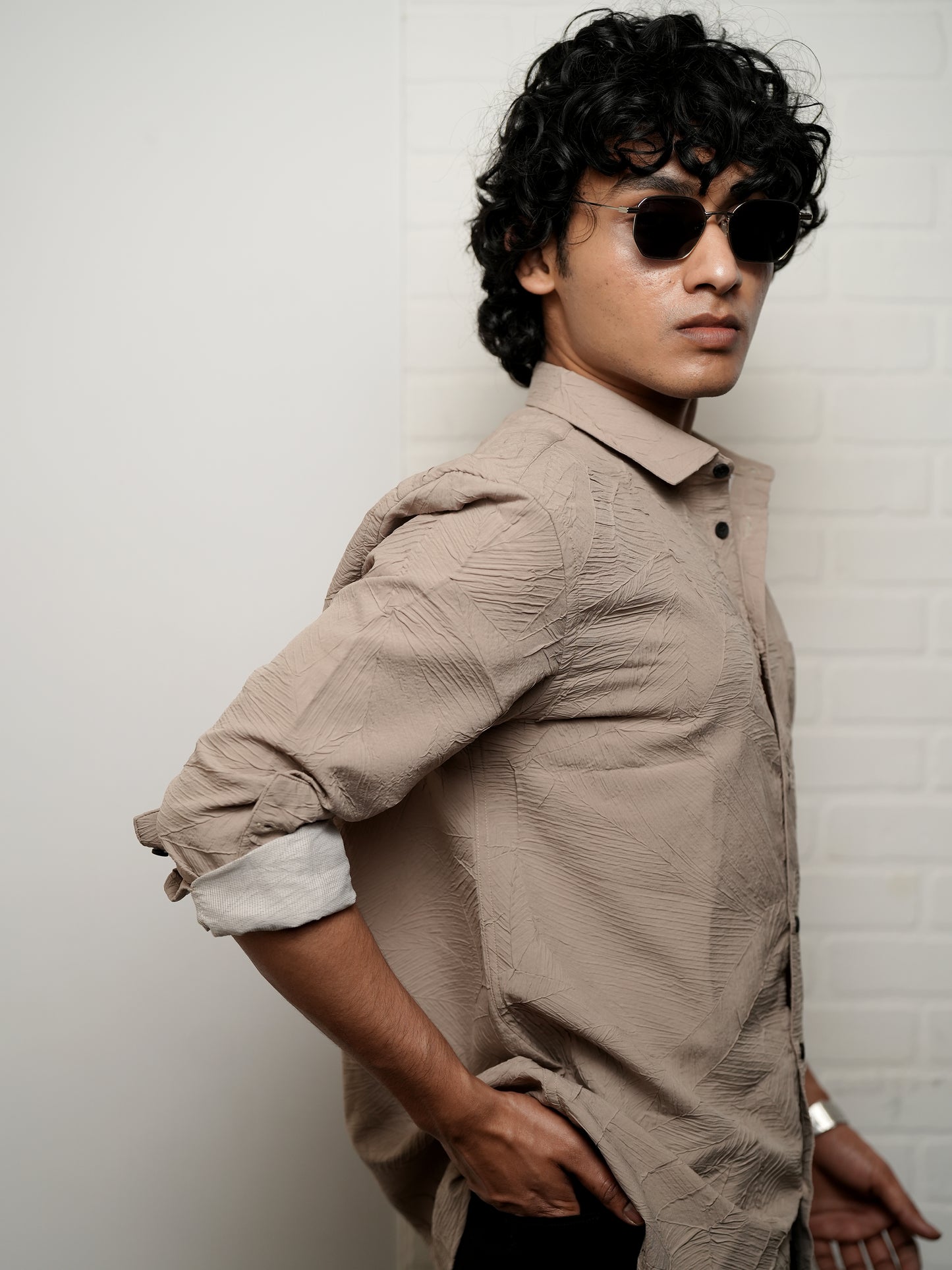 Textured Solid Beige Shirt for Men