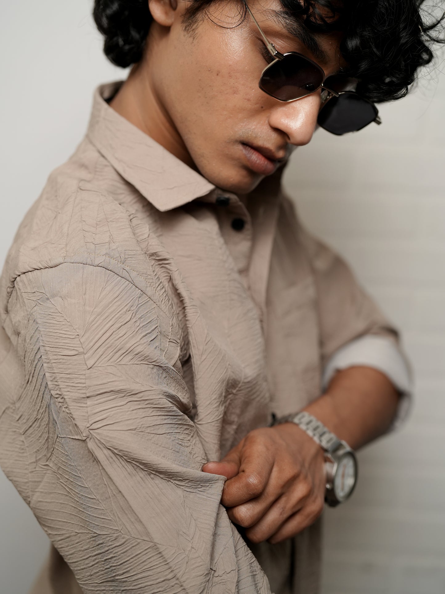 Textured Solid Beige Shirt for Men