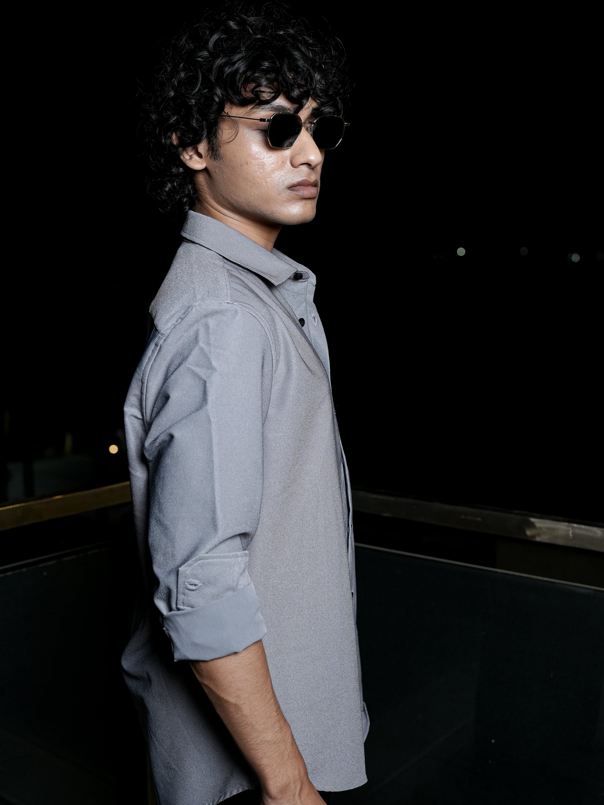 Light Solid Textured Grey Shirt for Men