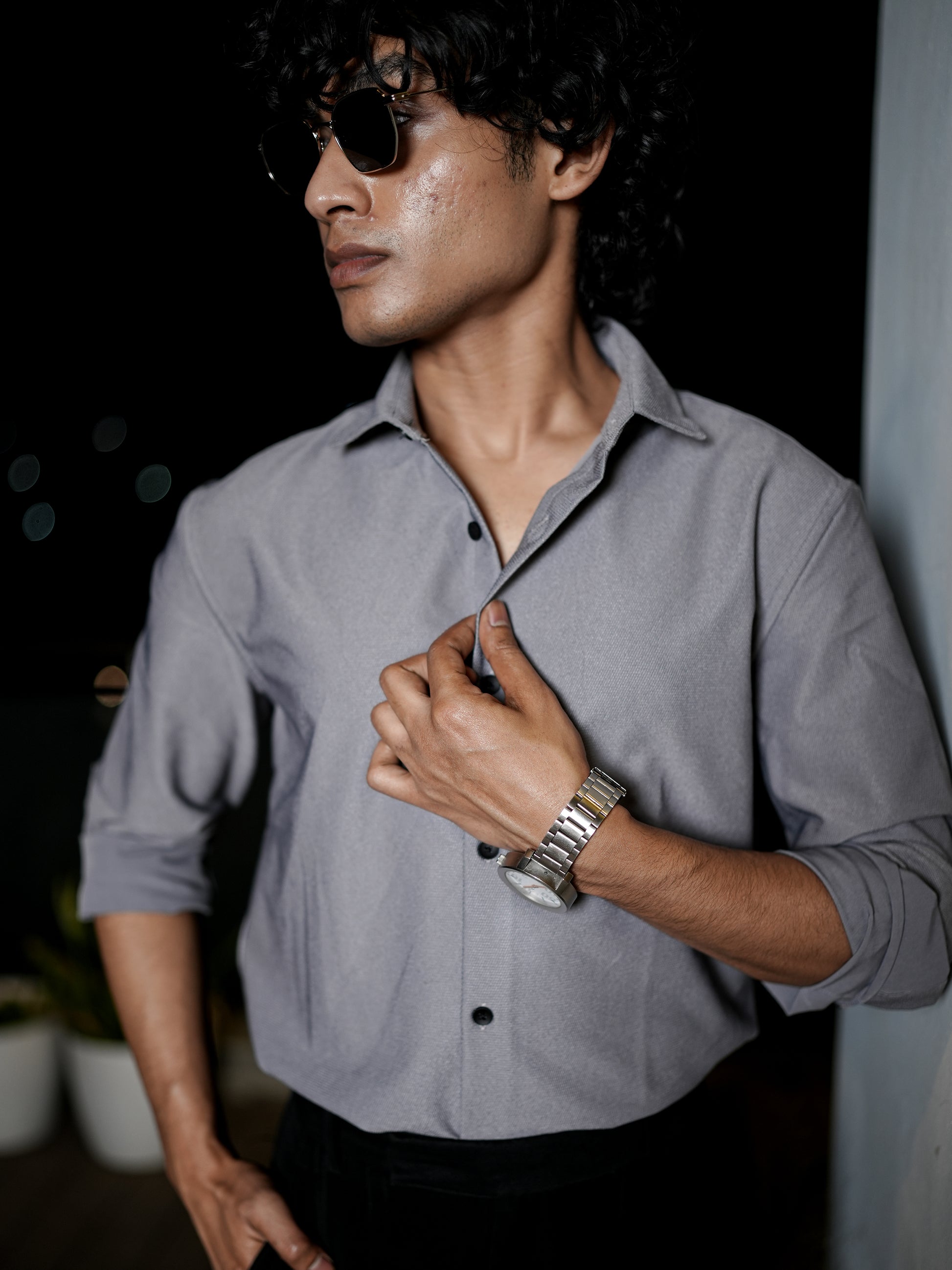 Light Solid Textured Grey Shirt for Men