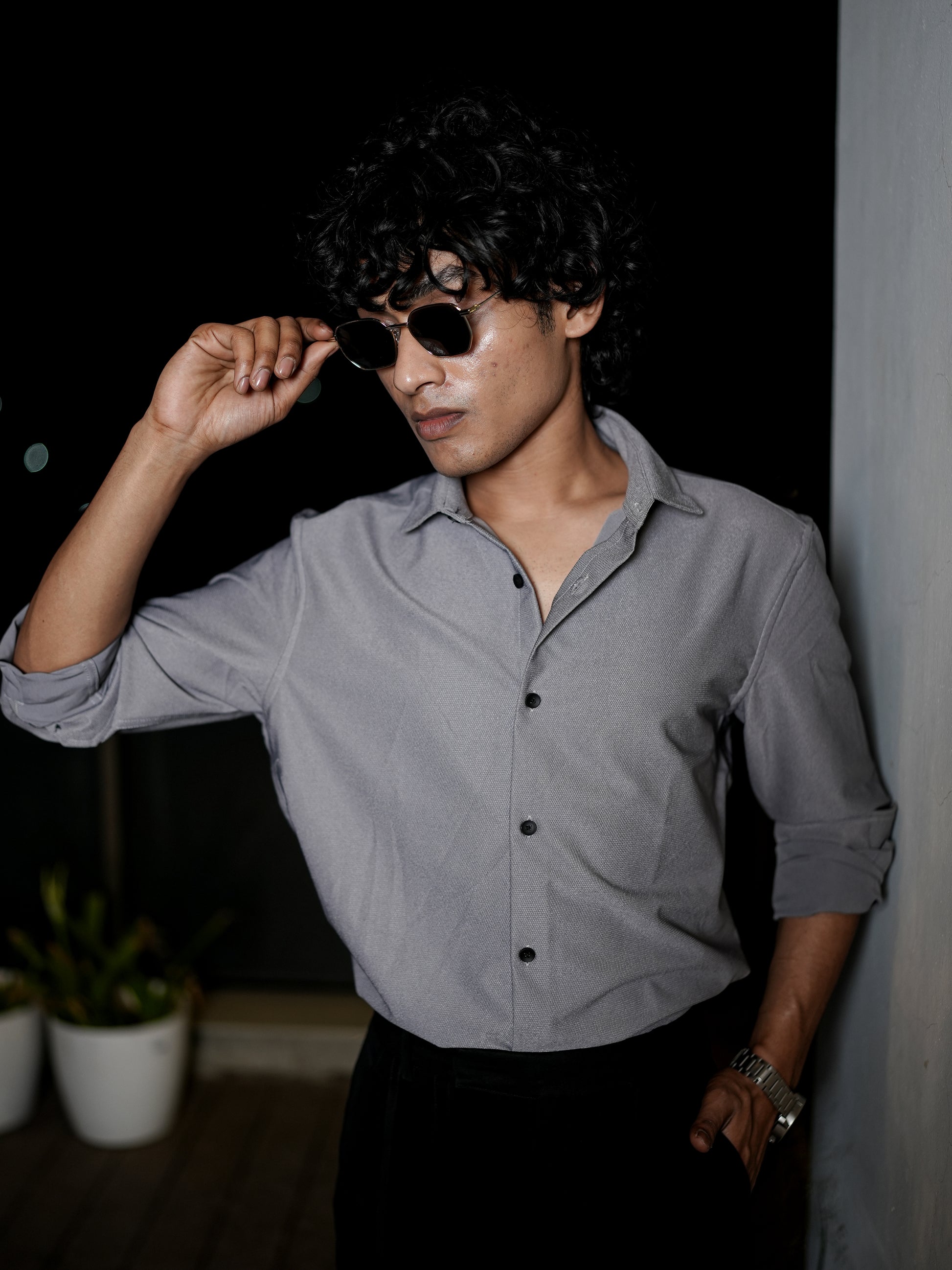 Light Solid Textured Grey Shirt for Men