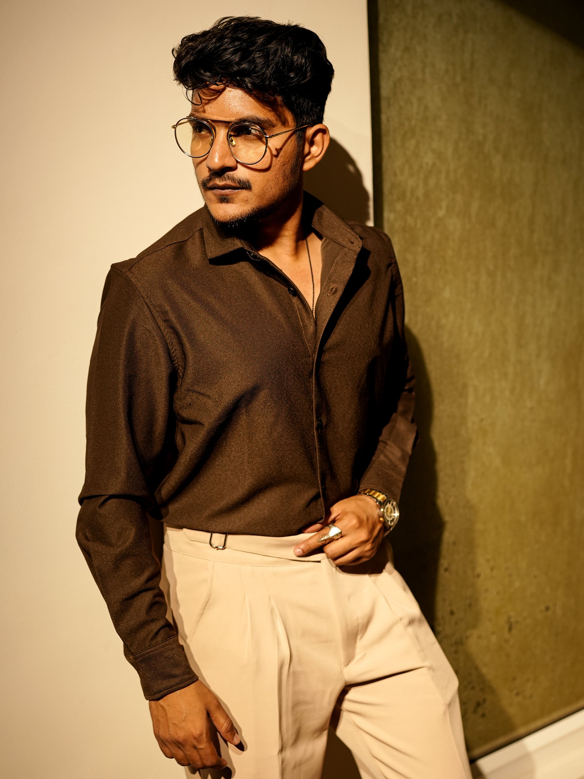 Brown Texture Solid Shirt for Men
