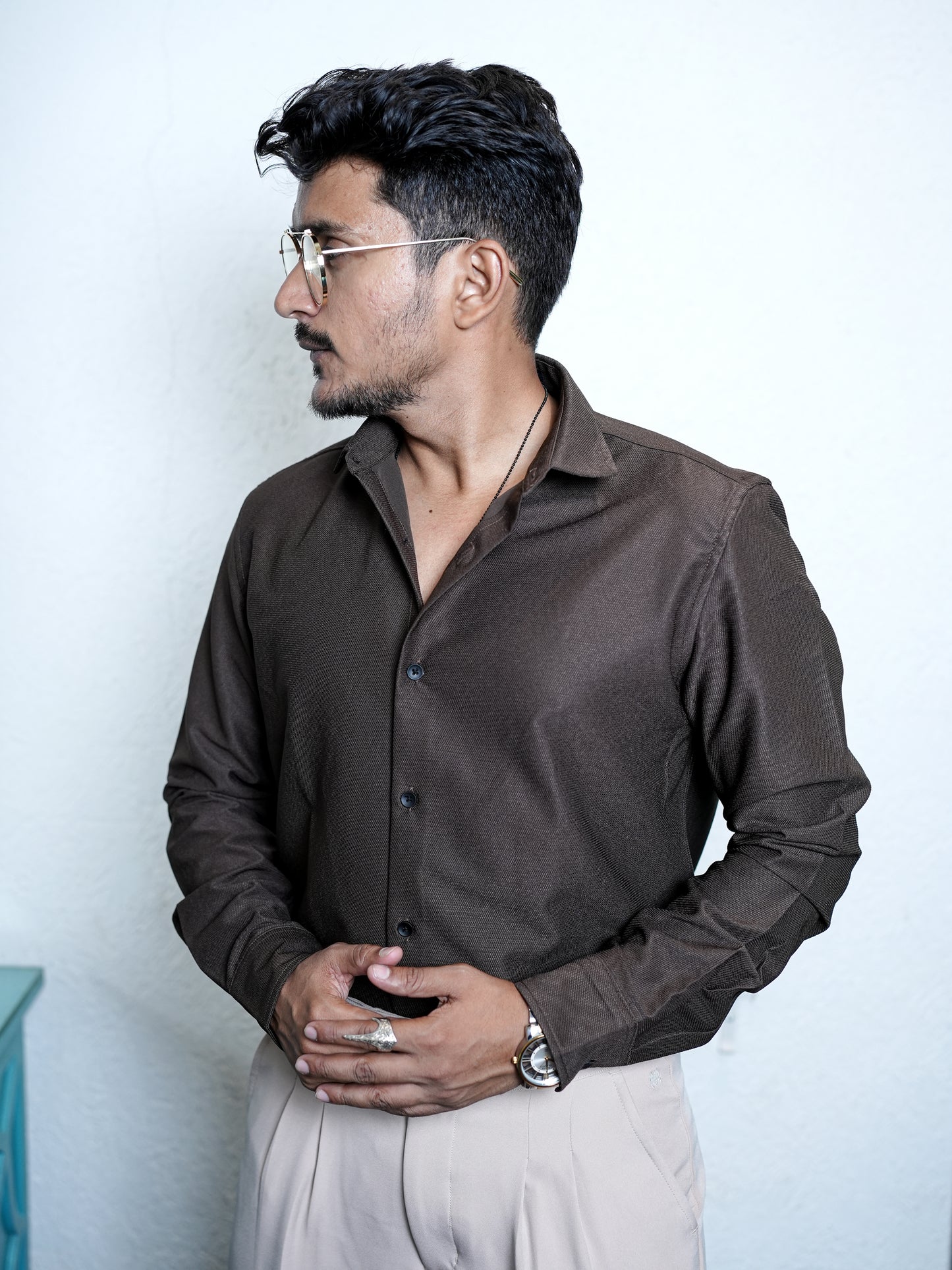 Brown Texture Solid Shirt for Men