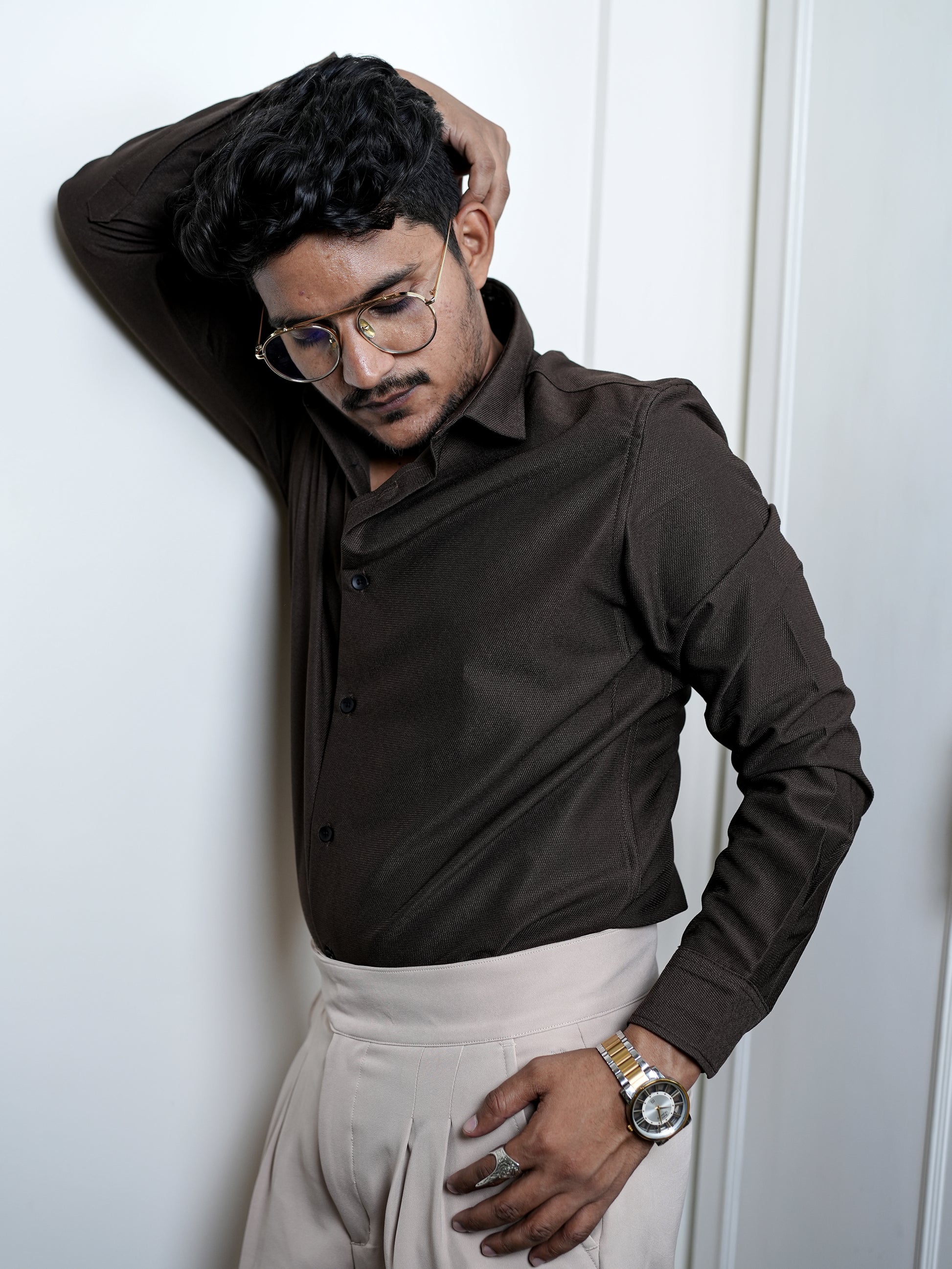 Brown Texture Solid Shirt for Men
