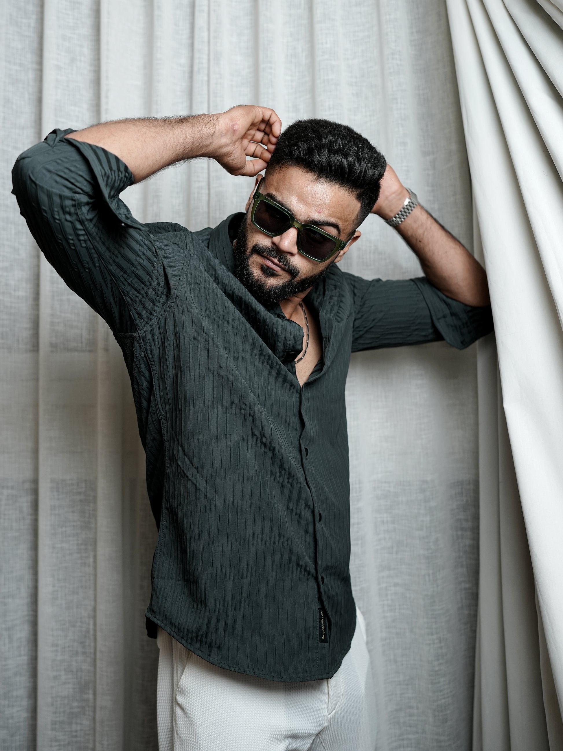 Textured Dark Green Solid Shirt for Men