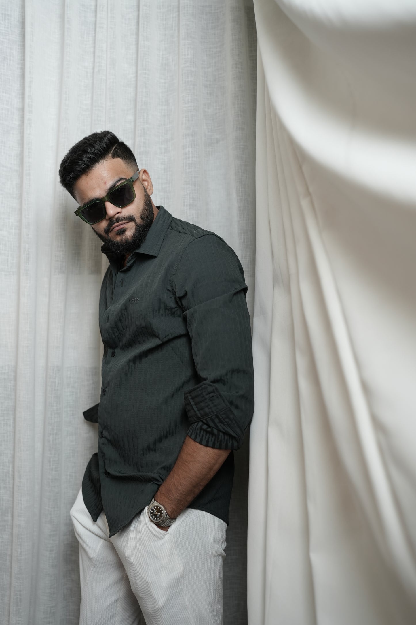 Dubai Dark Green Textured solid shirt