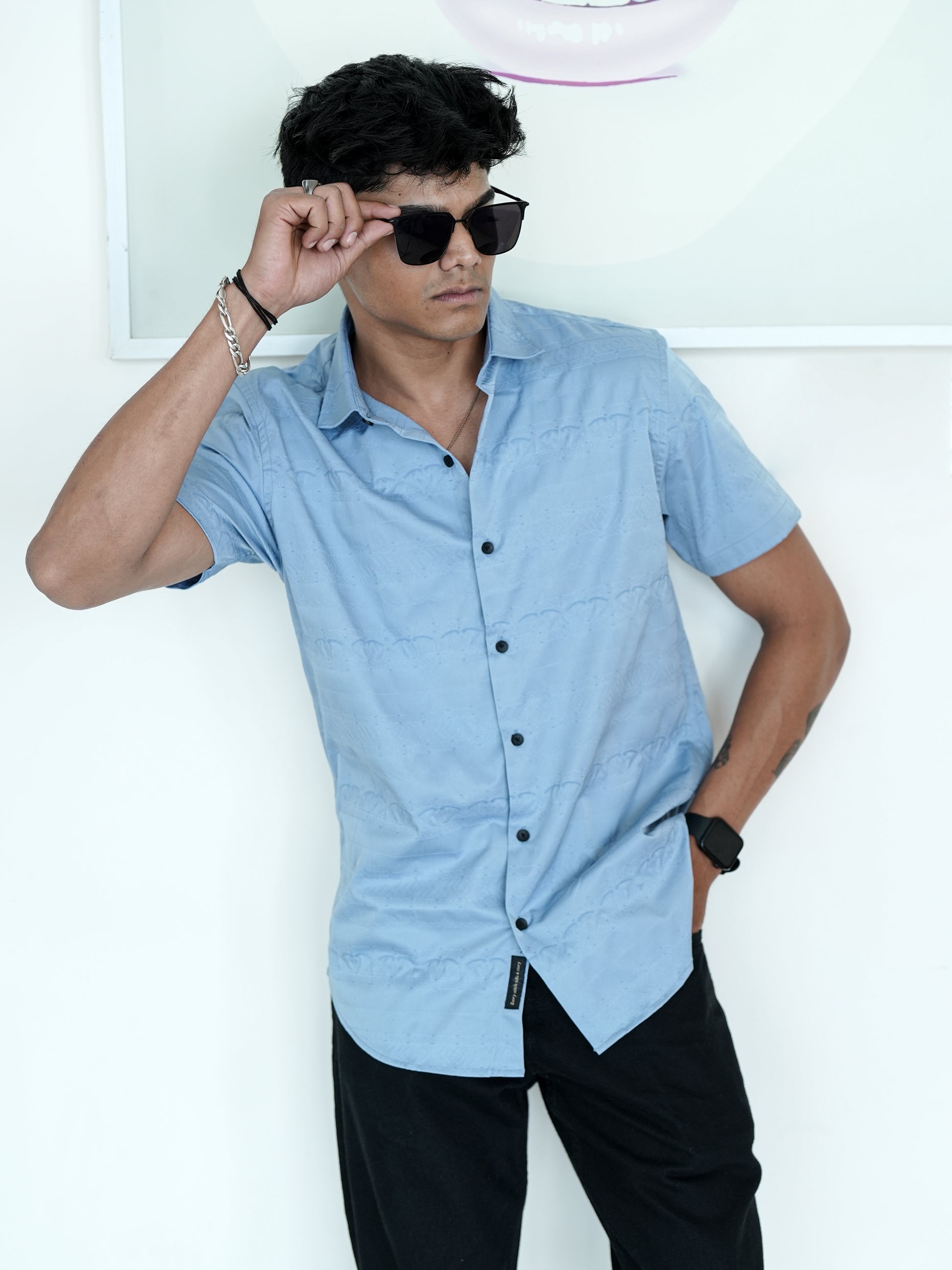 Solid Blue Textured Shirt for Men