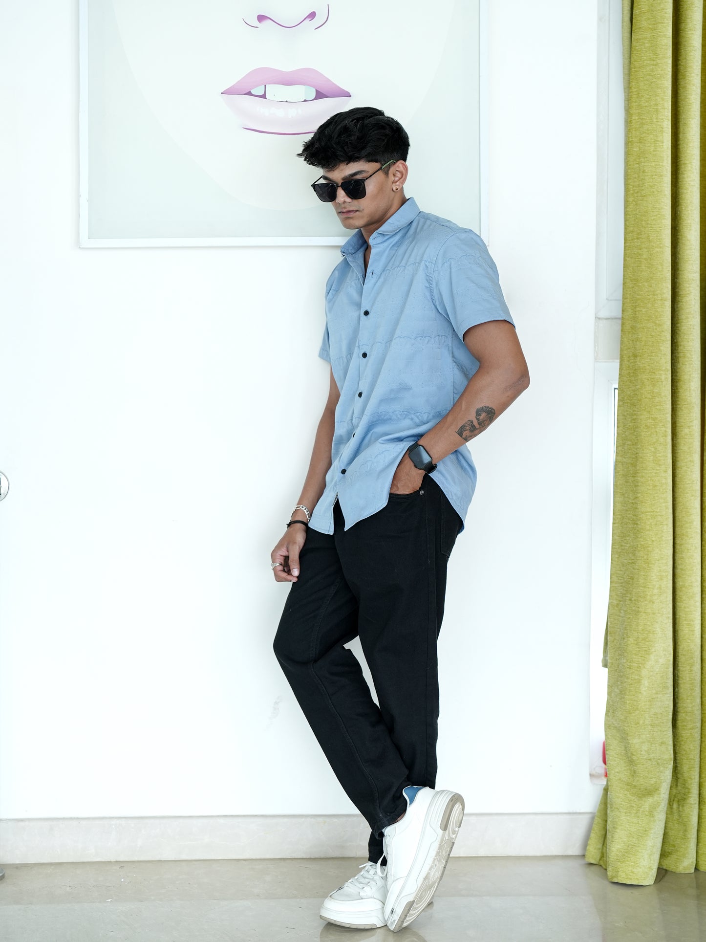 Solid Blue Textured Shirt for Men