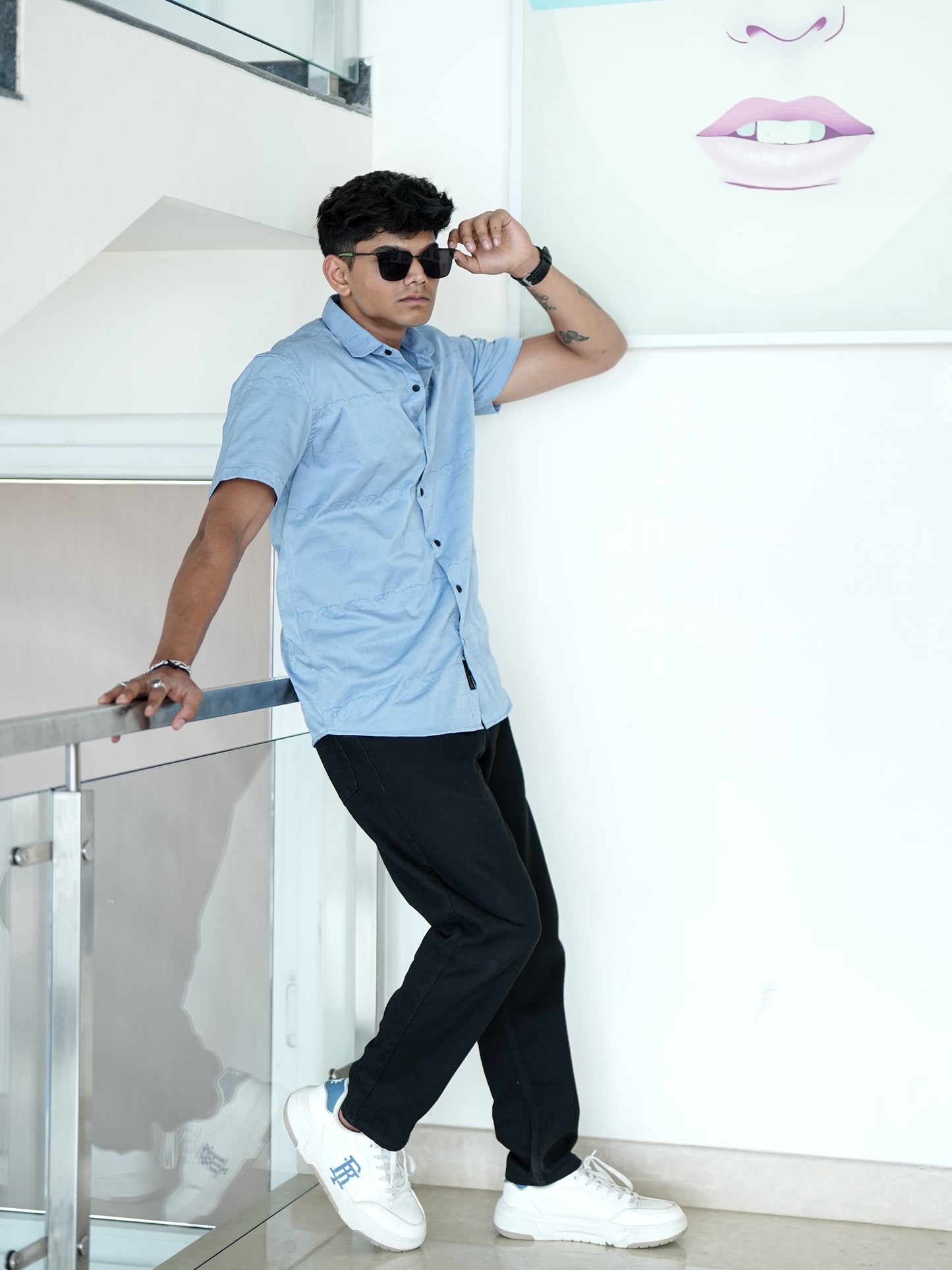 Solid Blue Textured Shirt for Men