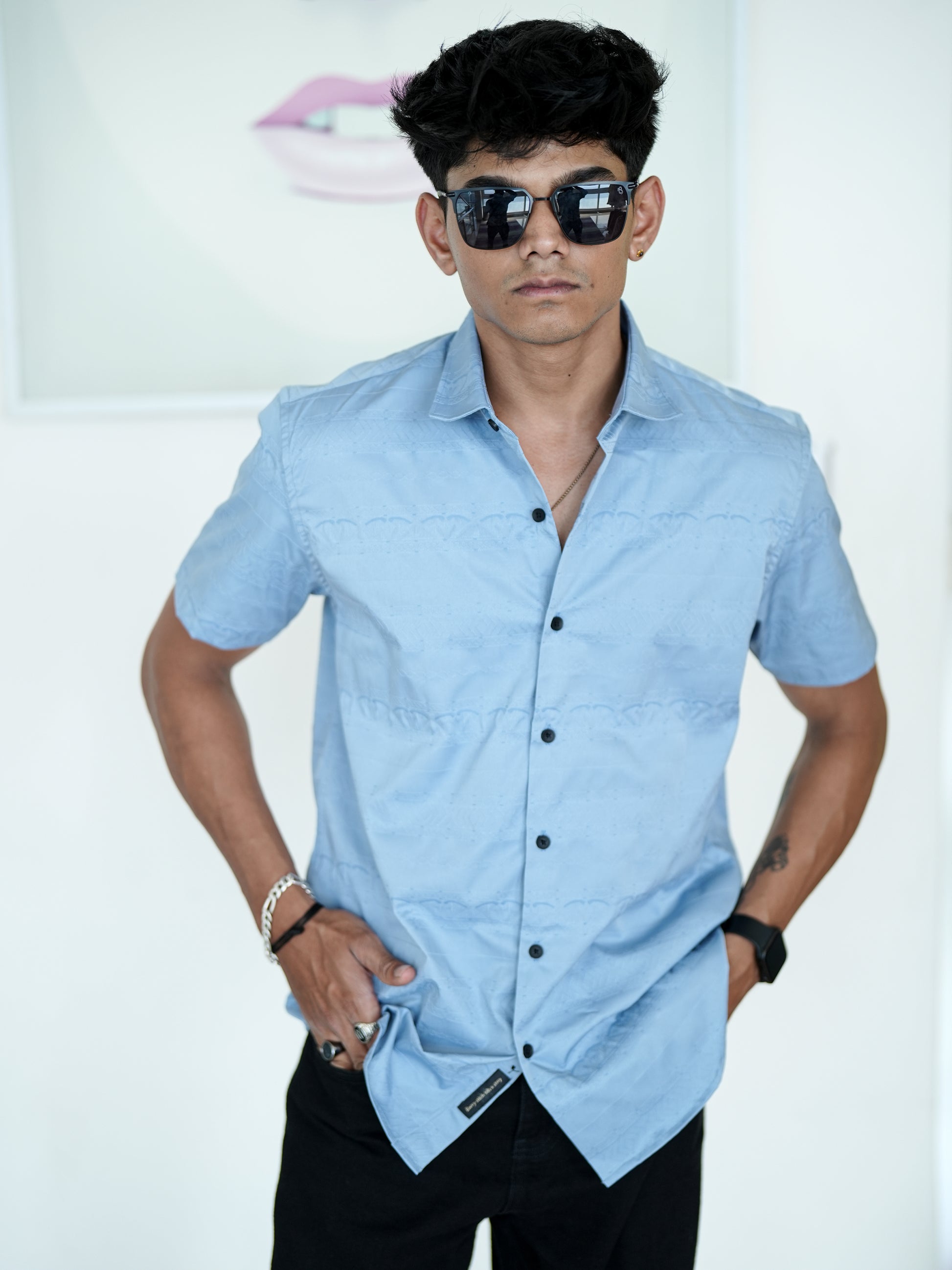 Solid Blue Textured Shirt for Men