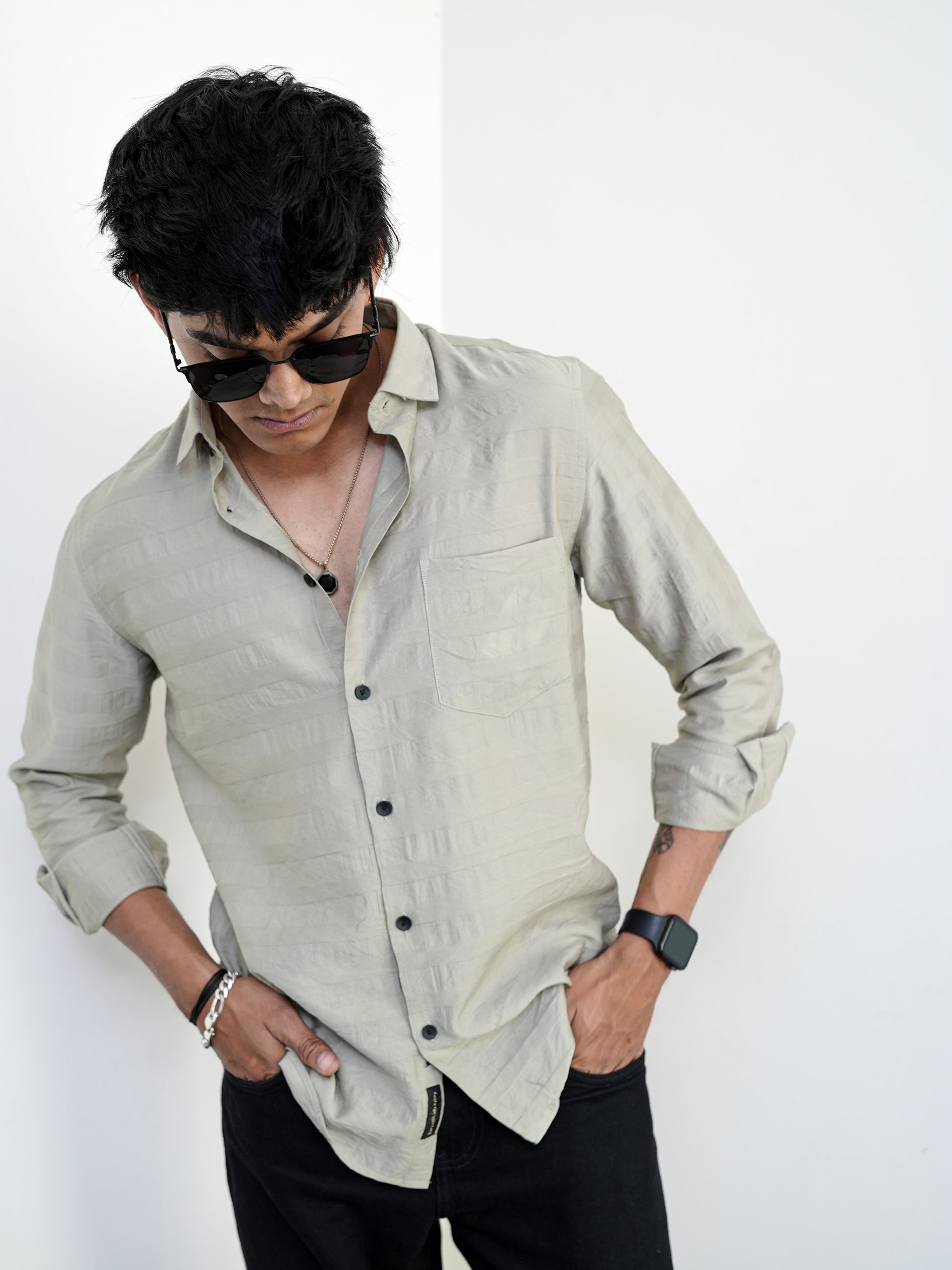 Cement Textured Grey Solid Shirt for Men
