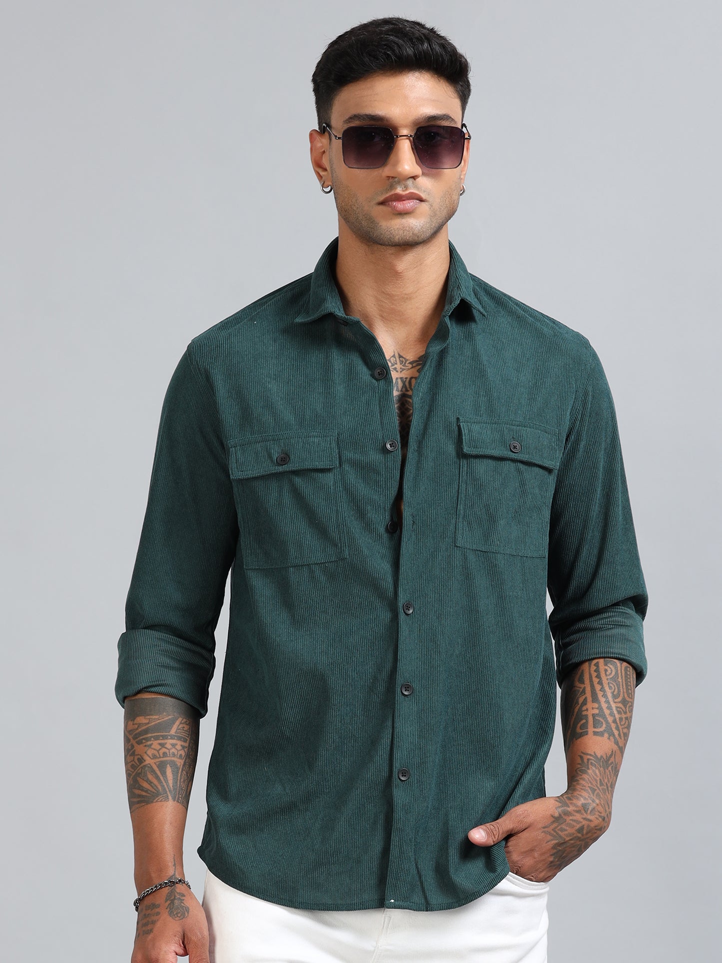 Basel Mineral Green Corduroy Double Pocket Shirt