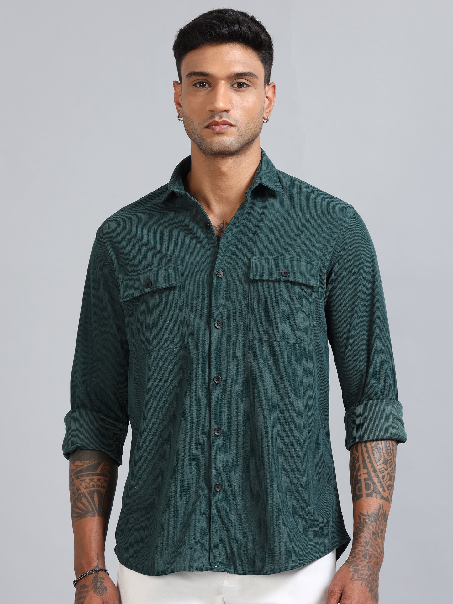 Basel Mineral Green Corduroy Double Pocket Shirt