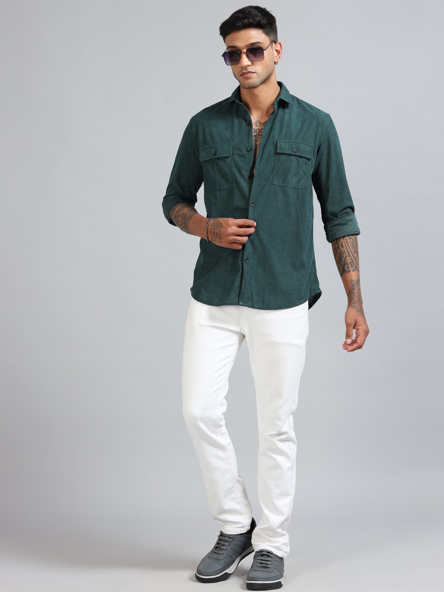 Basel Mineral Green Corduroy Double Pocket Shirt
